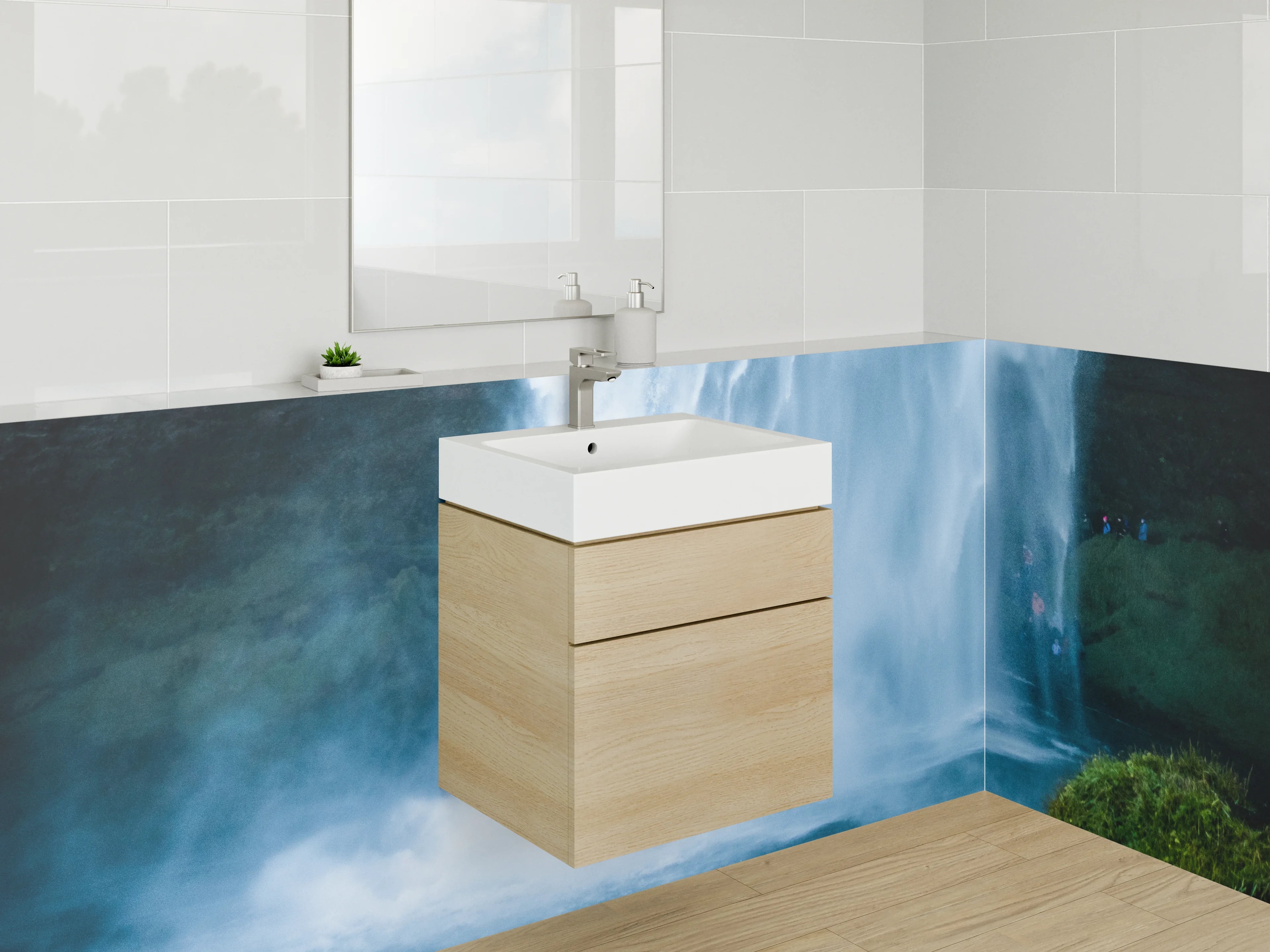 Waschbecken-Rückwand - Grauschimmernde Wasserfallträume im Nebel