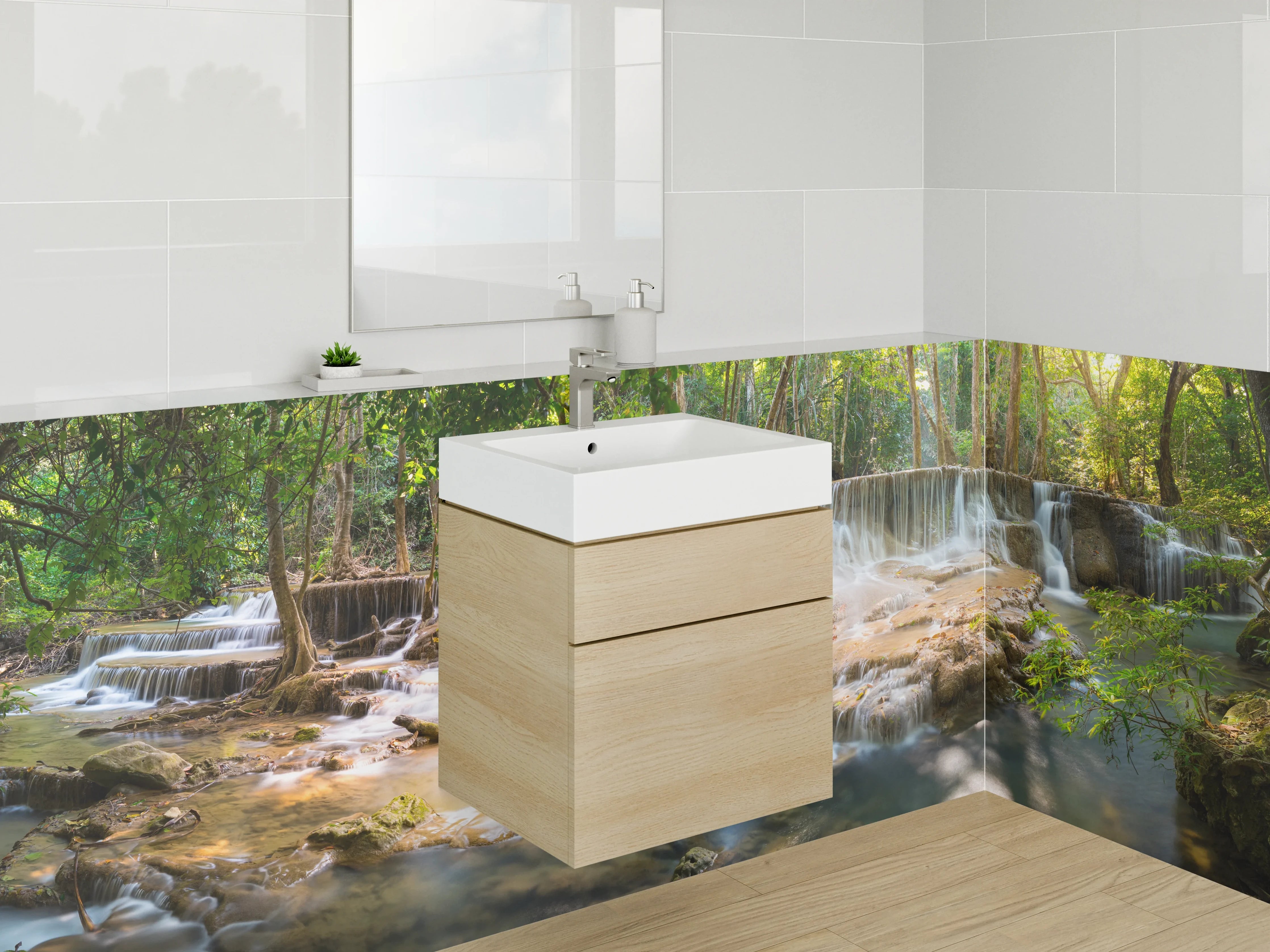 Waschbecken-Rückwand - Grauschimmernde Wasserfluten im Tropengrün