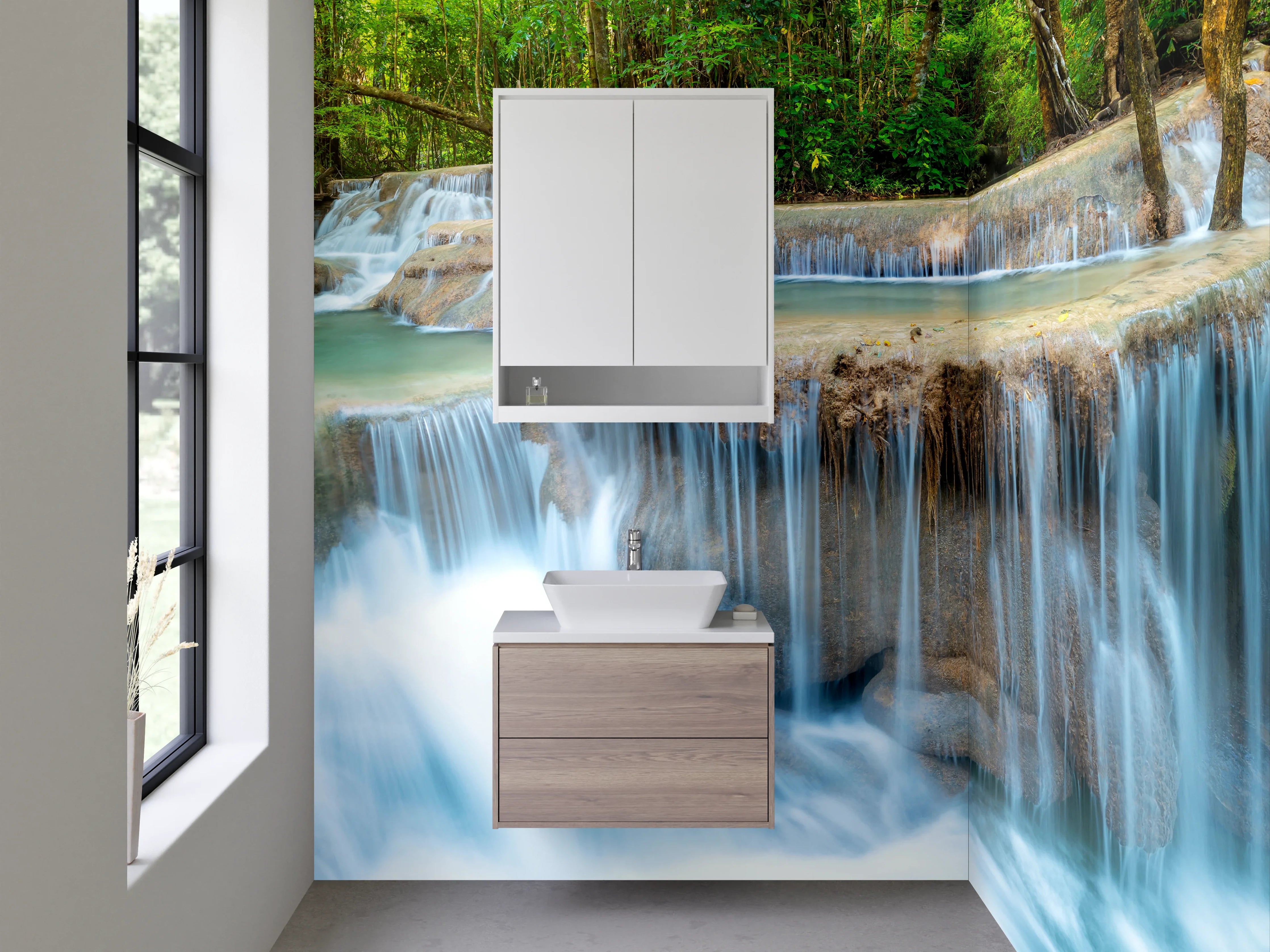 Waschbecken-Rückwand - Grauschimmernde Wasserperlen im Urwald