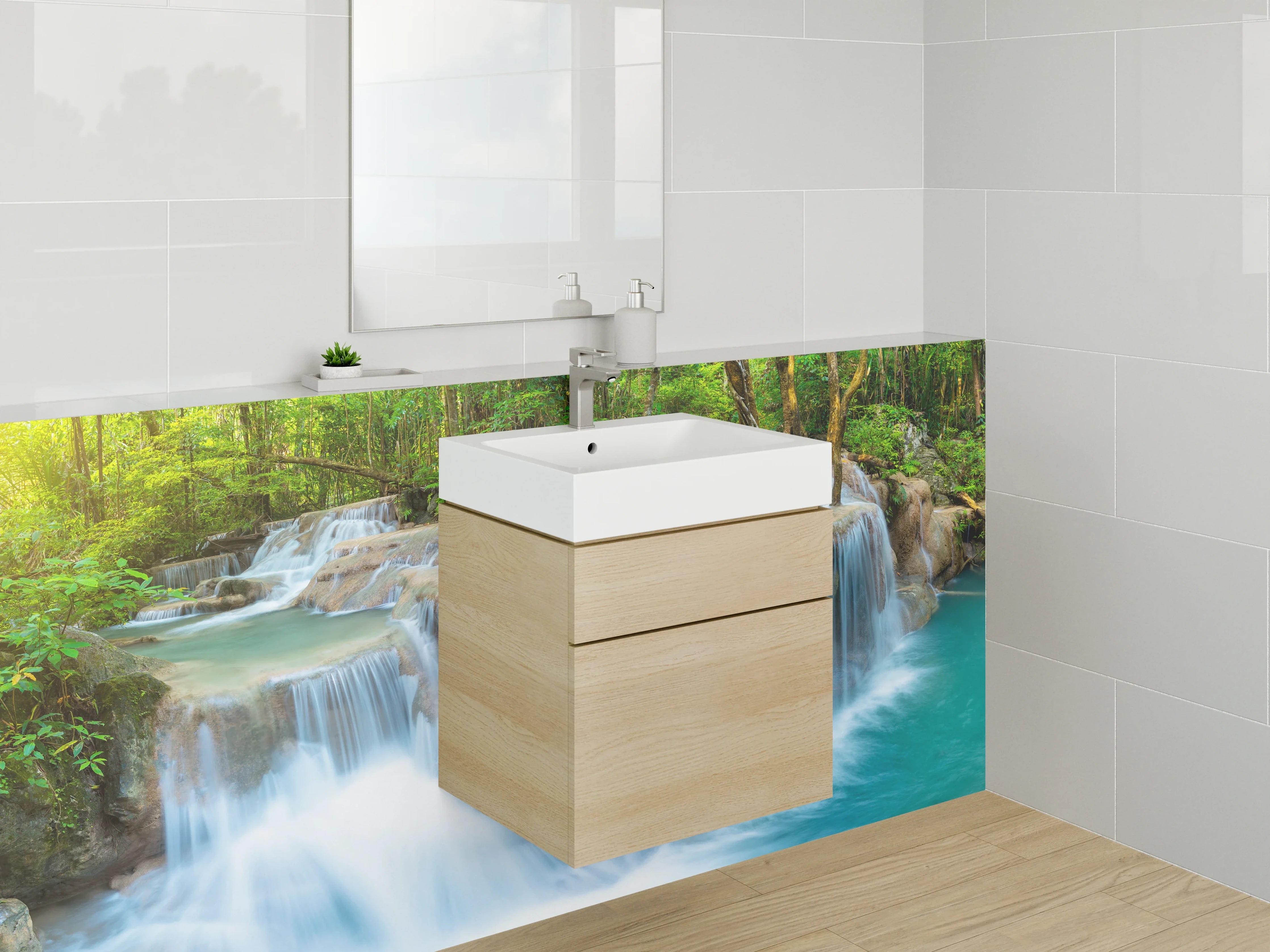 Waschbecken-Rückwand - Grauschimmernde Wasserperlen im Urwald