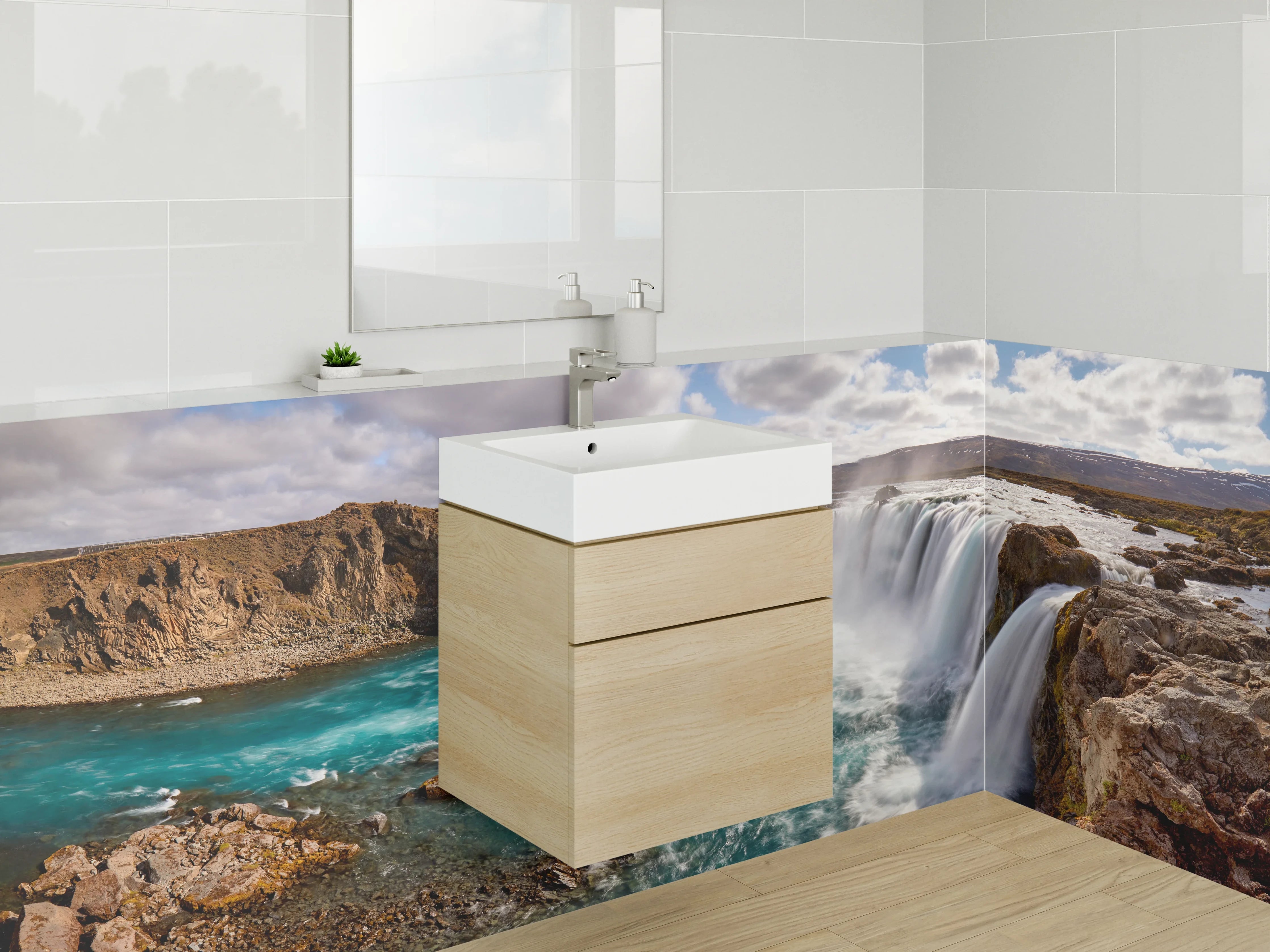 Waschbecken-Rückwand - Grauschimmernde Wasserpracht im Inselpanorama