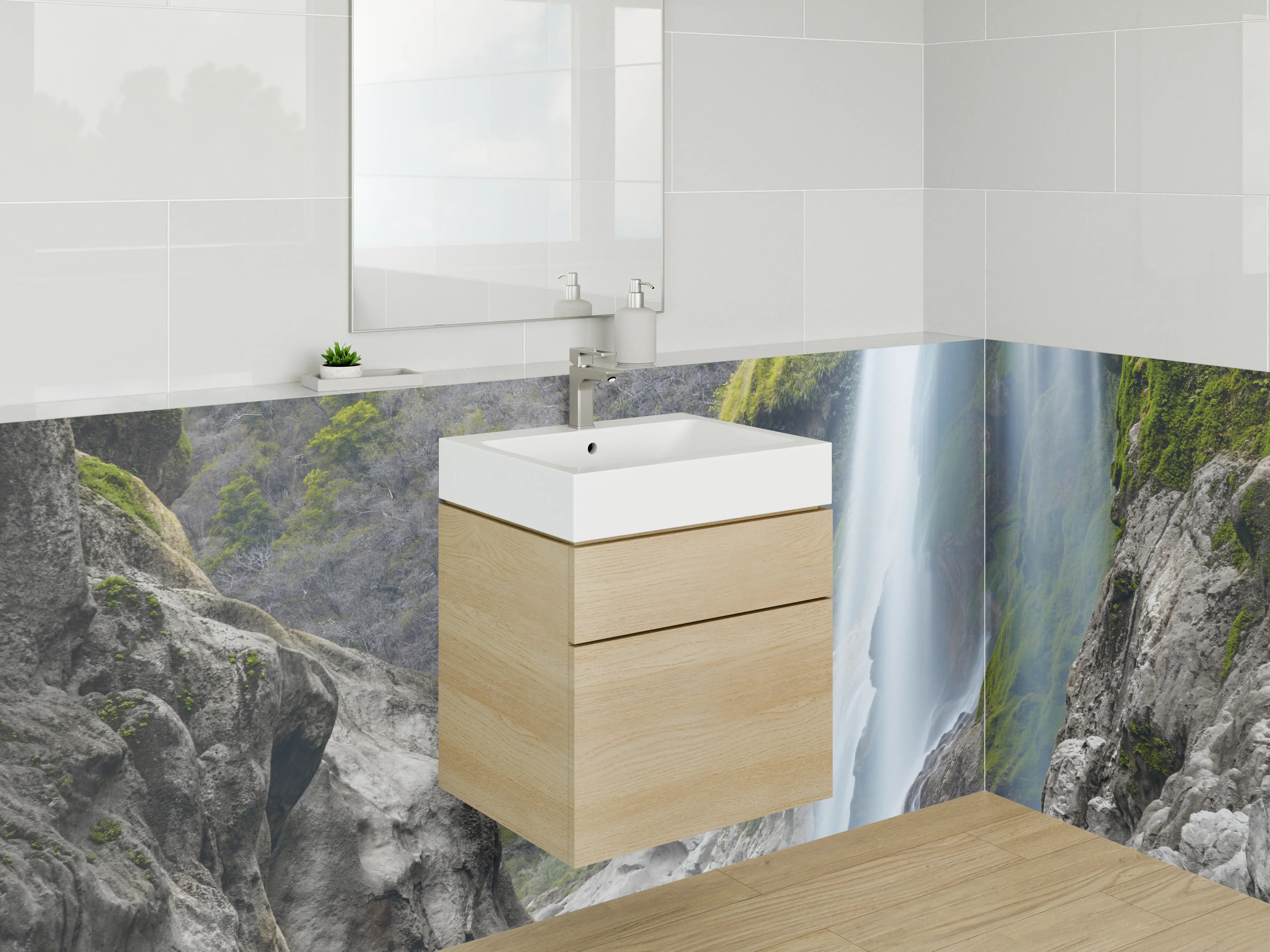 Waschbecken-Rückwand - Grauschimmernde Wasserpracht im Weiß