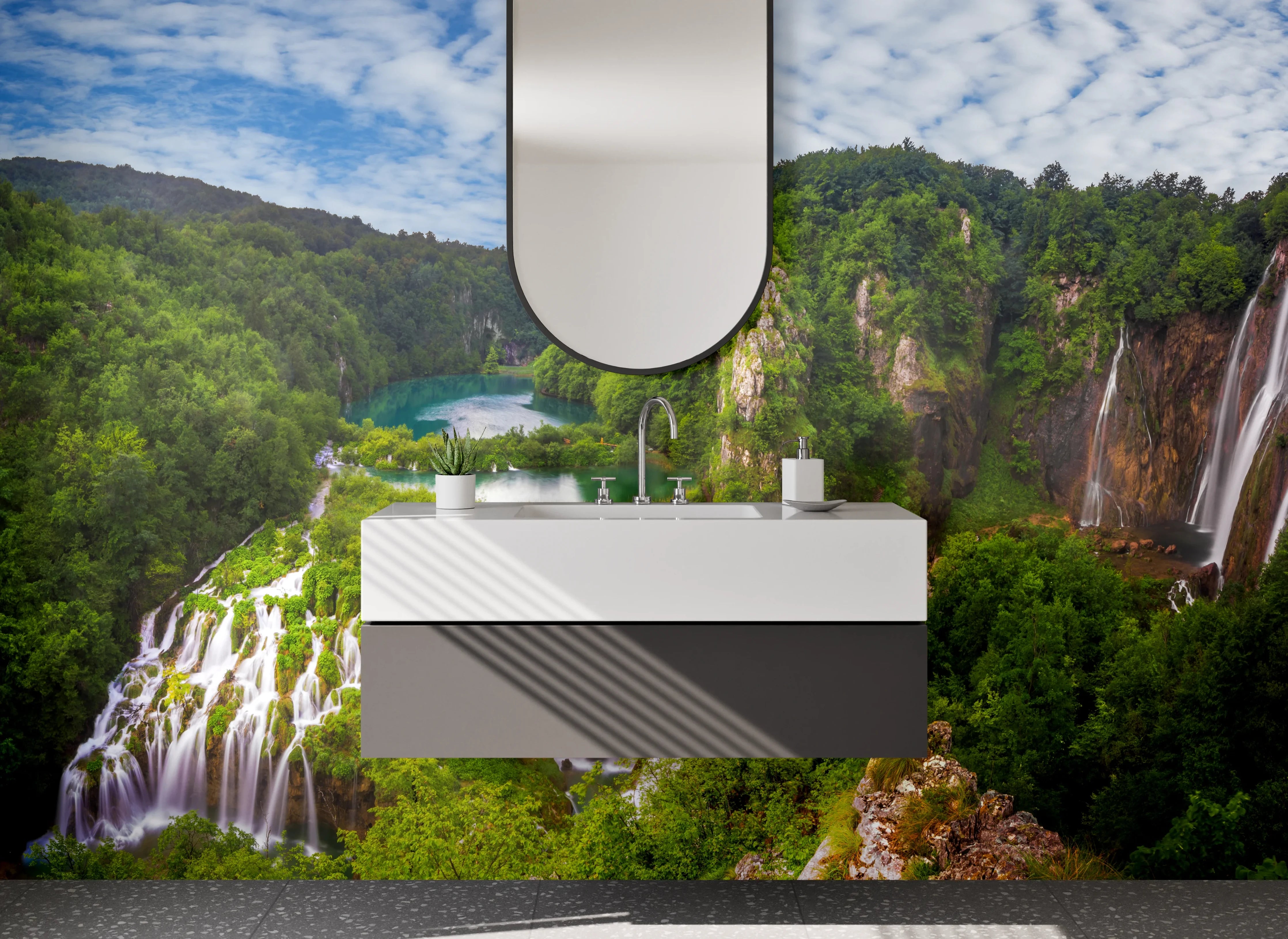 Waschbecken-Rückwand - Grauschimmernder Wasserfall in weißer Idylle