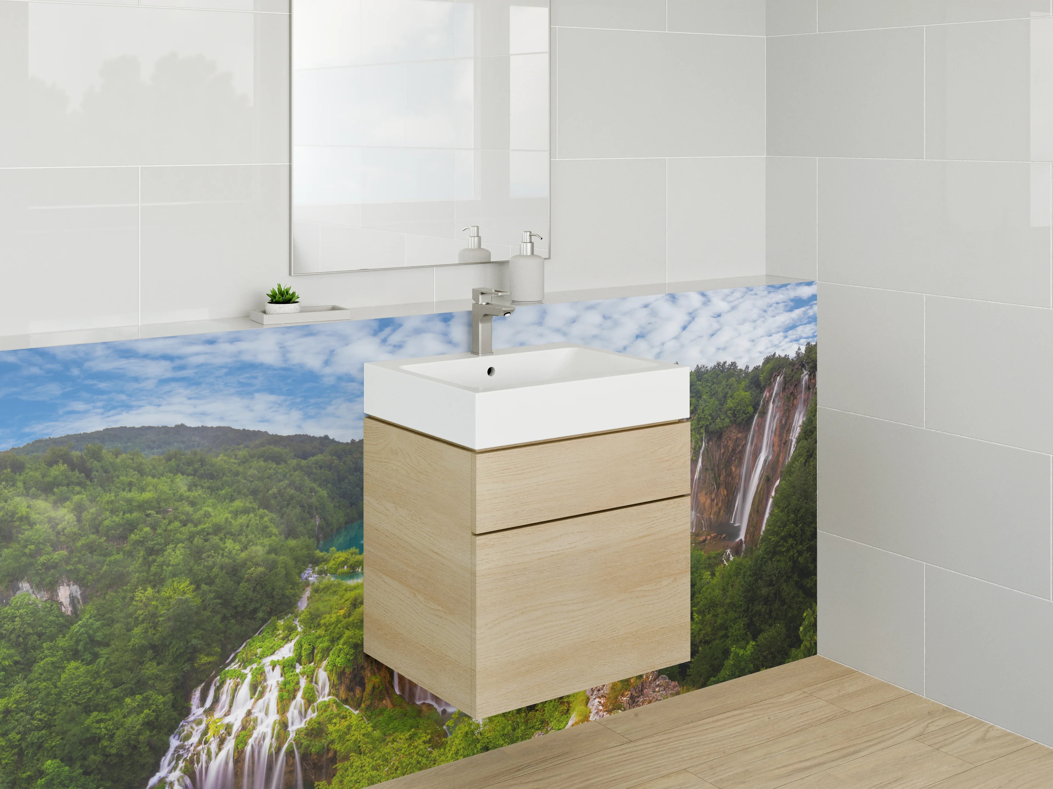 Waschbecken-Rückwand - Grauschimmernder Wasserfall in weißer Idylle