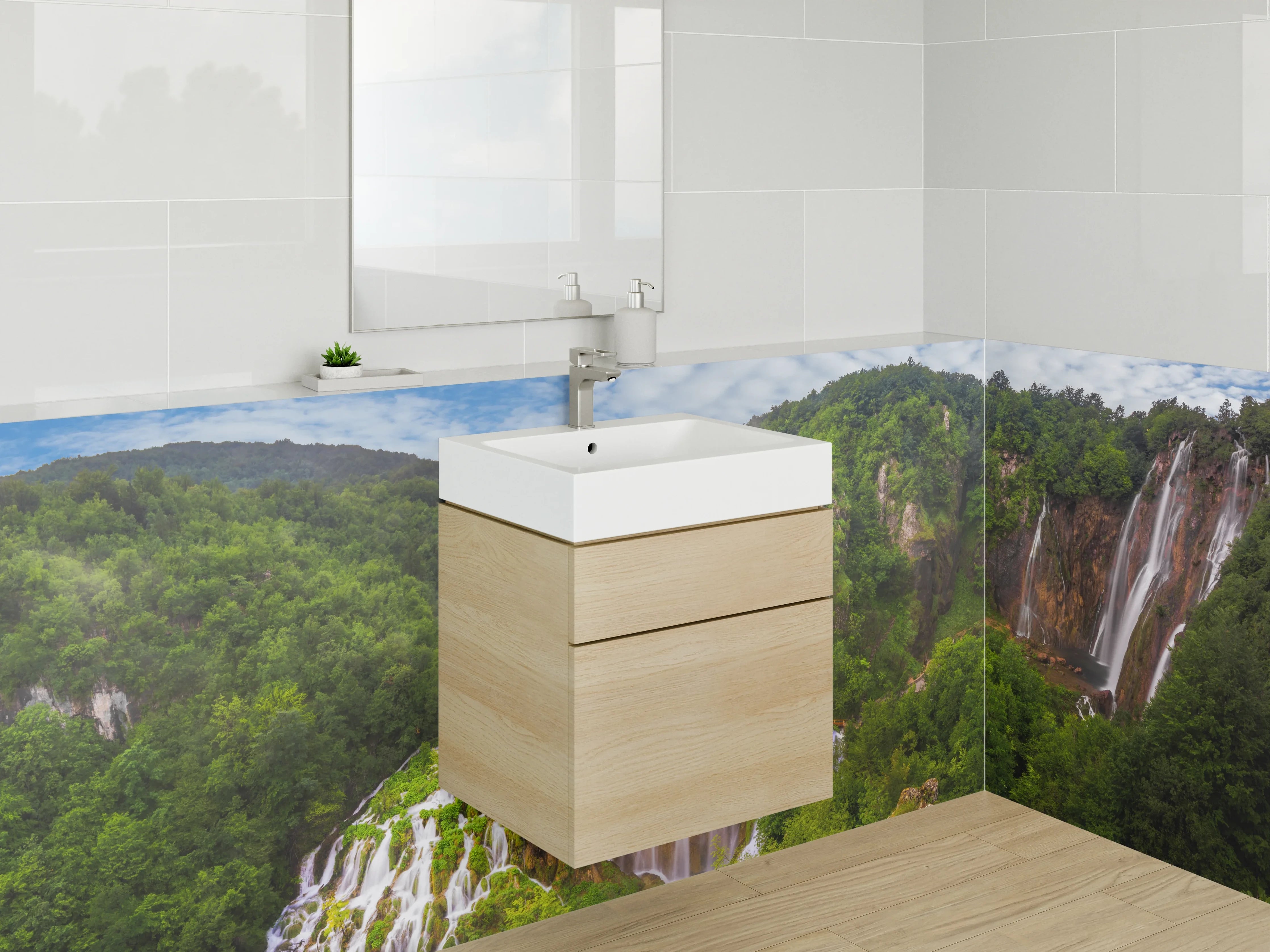 Waschbecken-Rückwand - Grauschimmernder Wasserfall in weißer Idylle