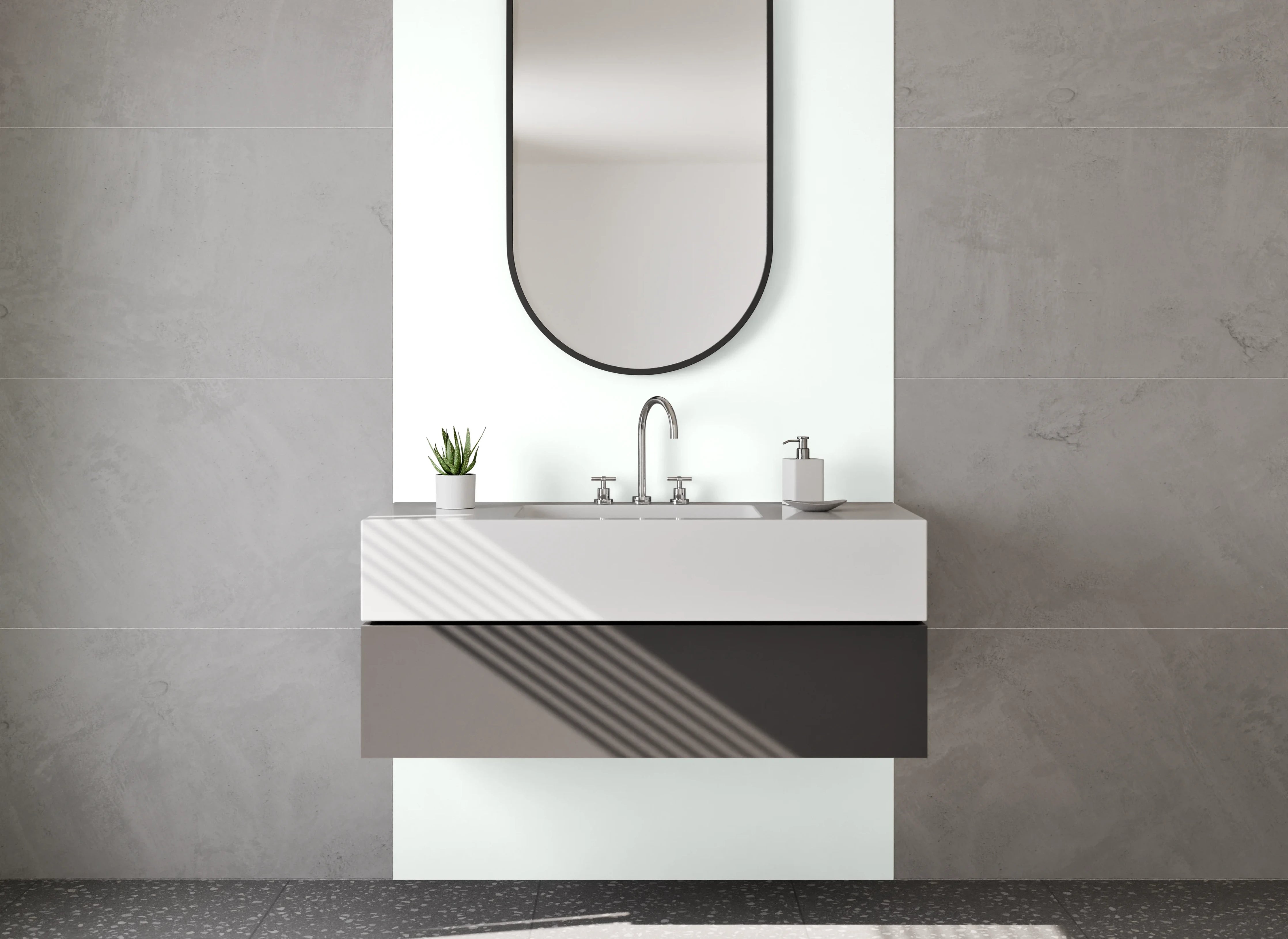 Waschbecken-Rückwand - Grauschimmerndes Alpinweiß