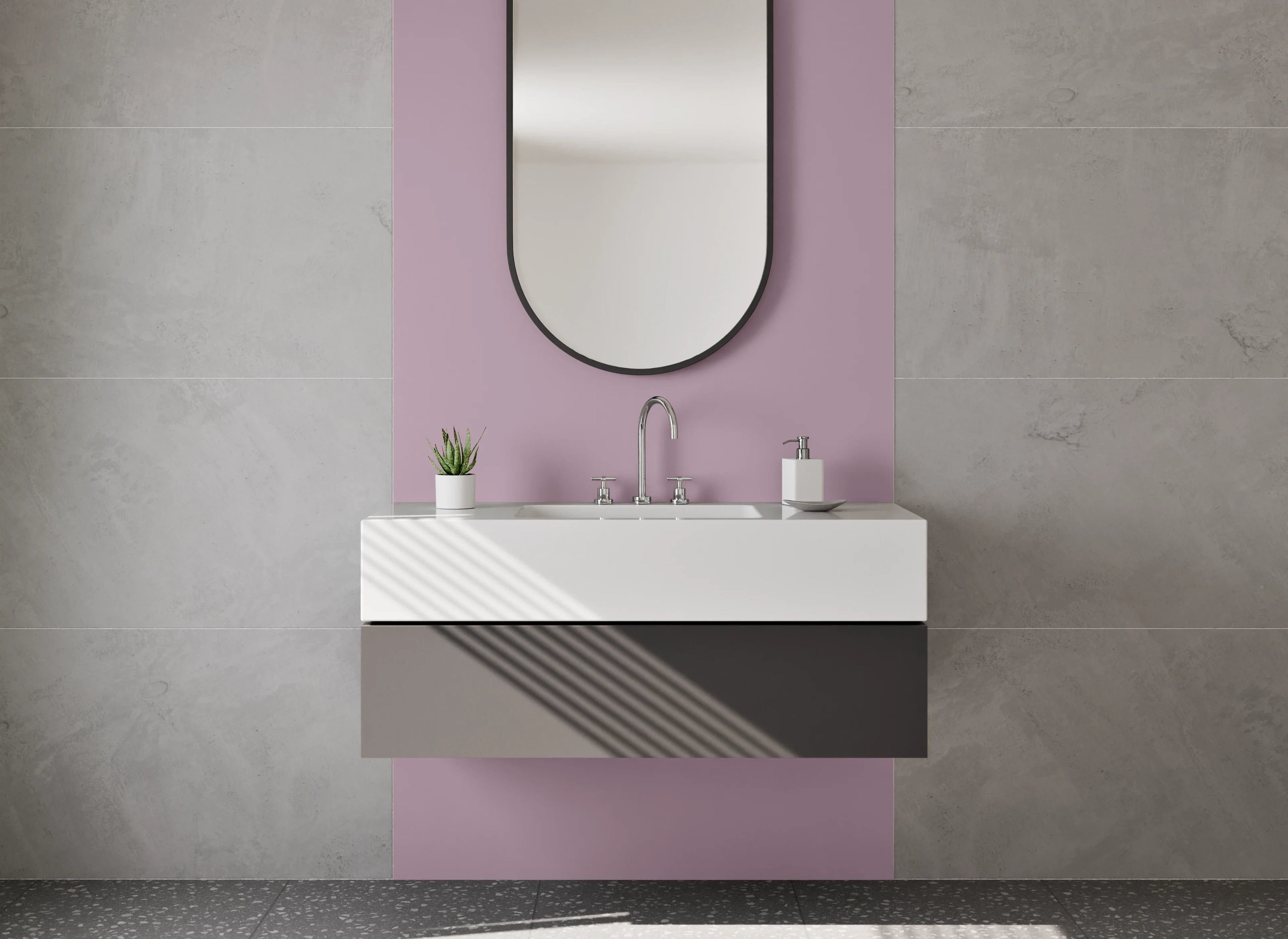 Waschbecken-Rückwand - Grauschimmerndes Nebelweiß-Violett