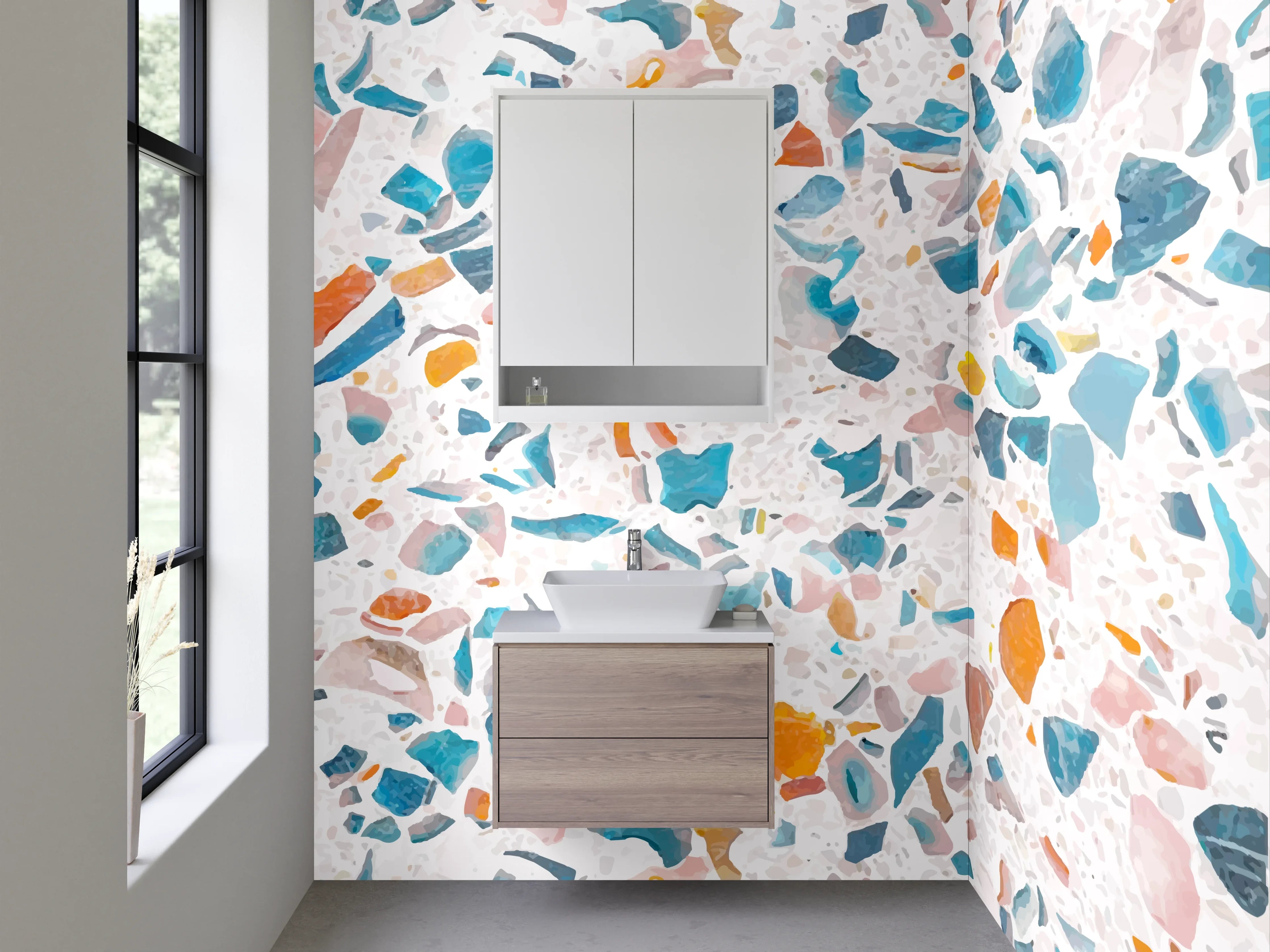 Waschbecken-Rückwand - Grauschimmerndes Terrazzo auf Weiß