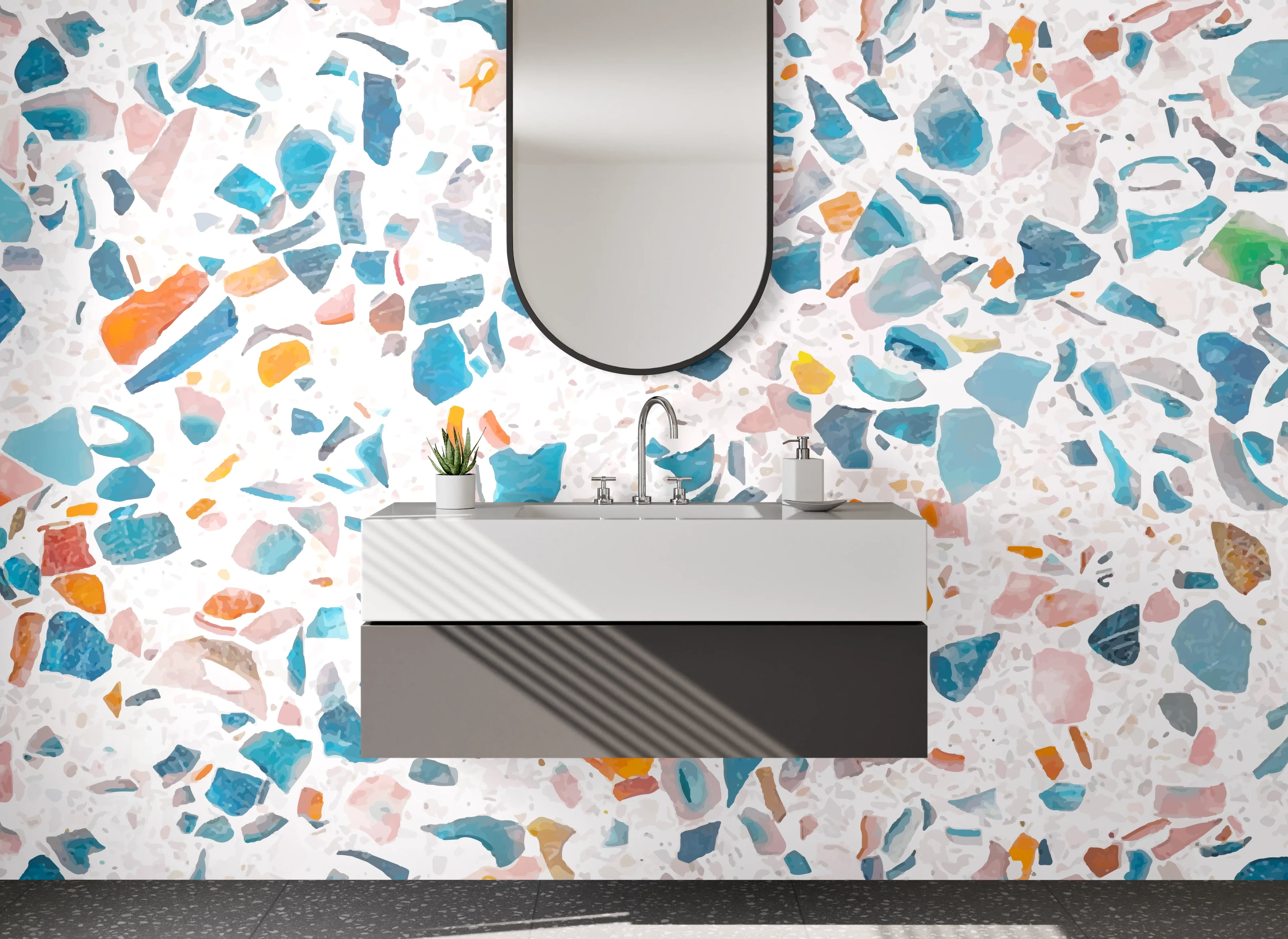Waschbecken-Rückwand - Grauschimmerndes Terrazzo auf Weiß