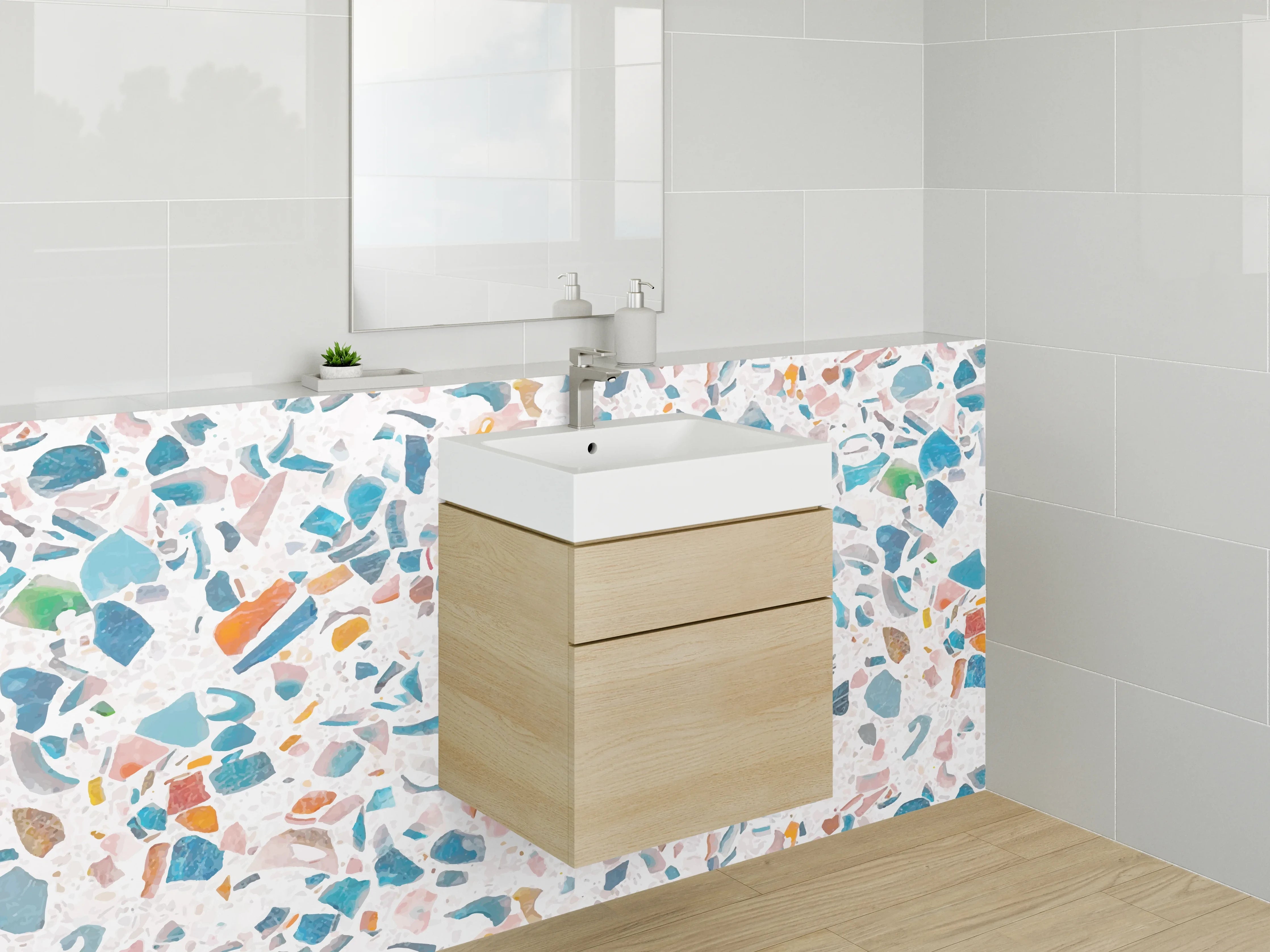 Waschbecken-Rückwand - Grauschimmerndes Terrazzo auf Weiß
