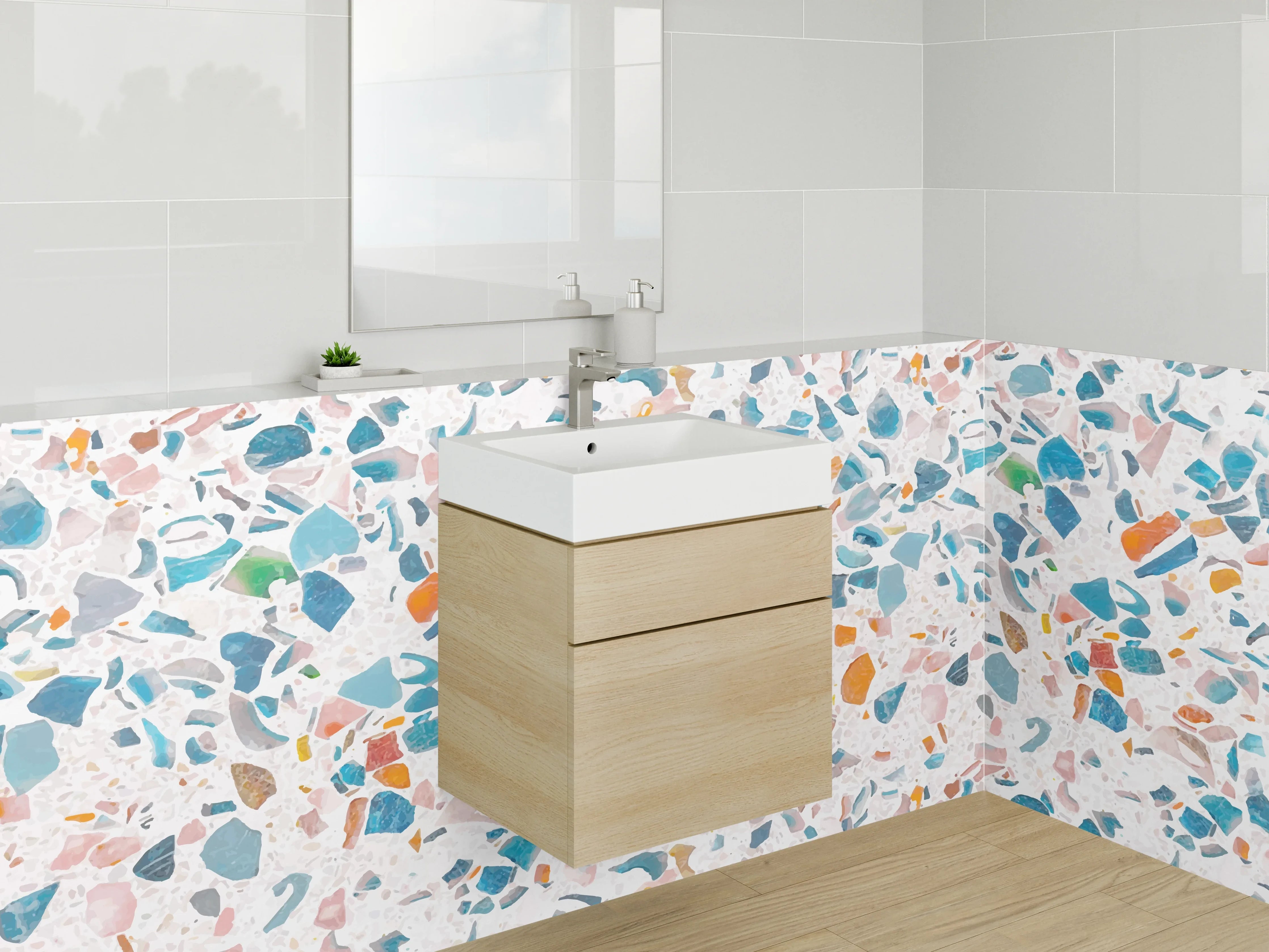 Waschbecken-Rückwand - Grauschimmerndes Terrazzo auf Weiß