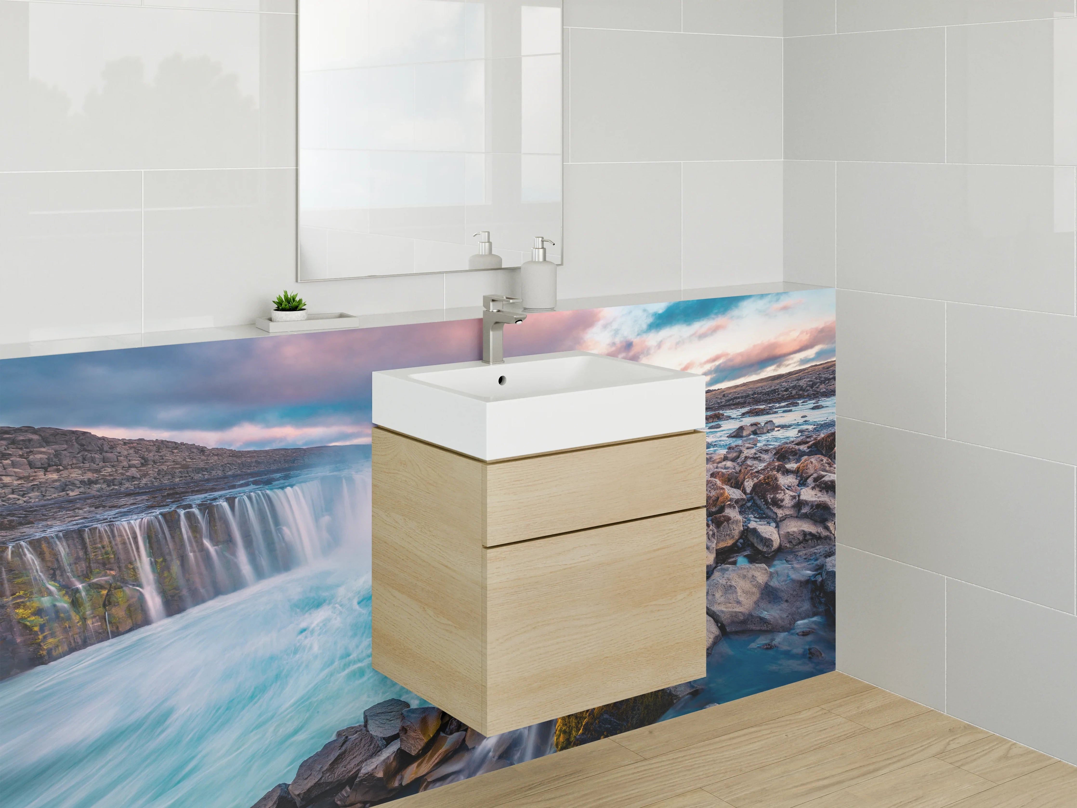 Waschbecken-Rückwand - Grauschleier über Islands weißen Fällen