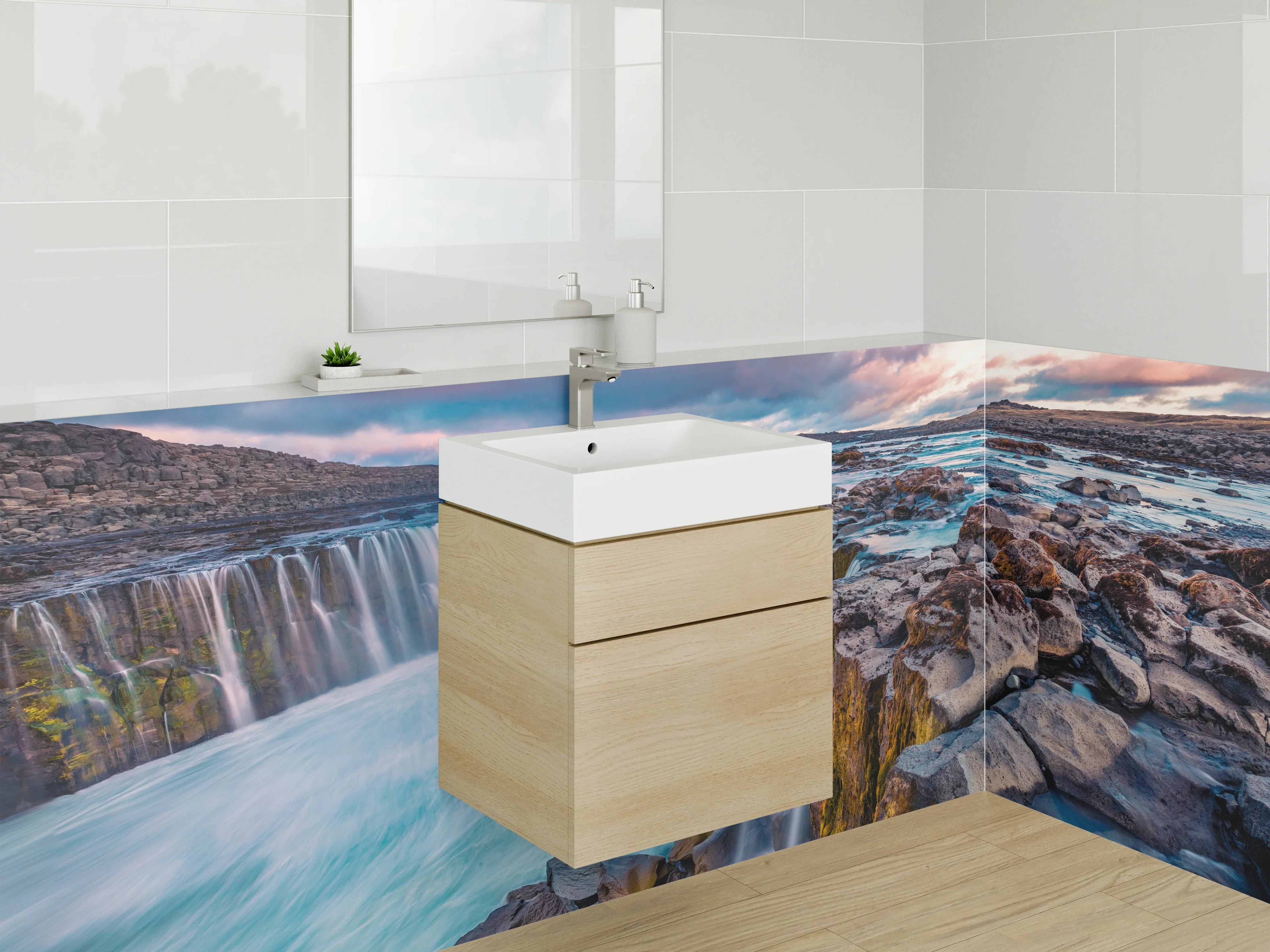 Waschbecken-Rückwand - Grauschleier über Islands weißen Fällen