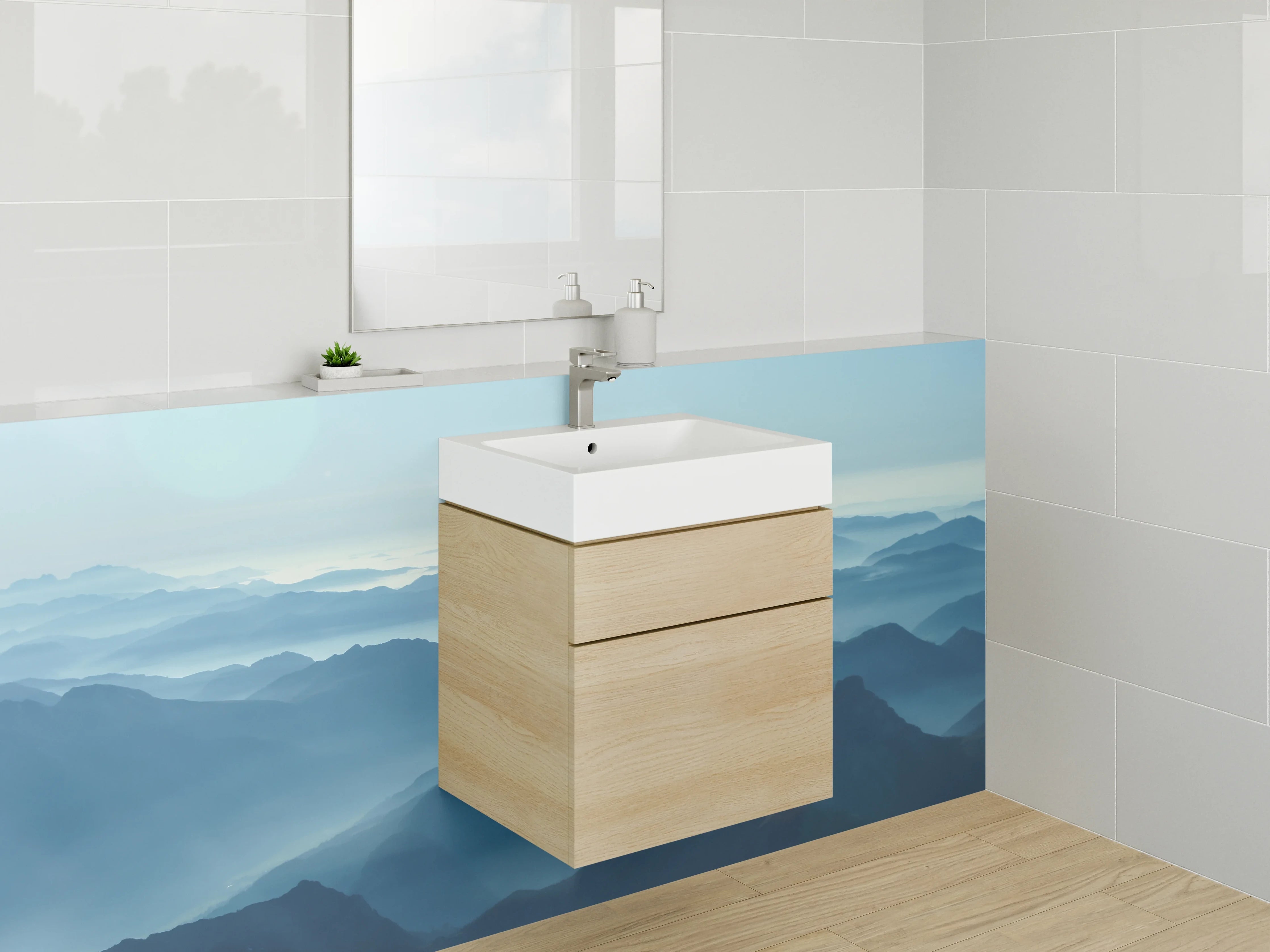 Waschbecken-Rückwand - Grauschleier über weißen Gipfeln