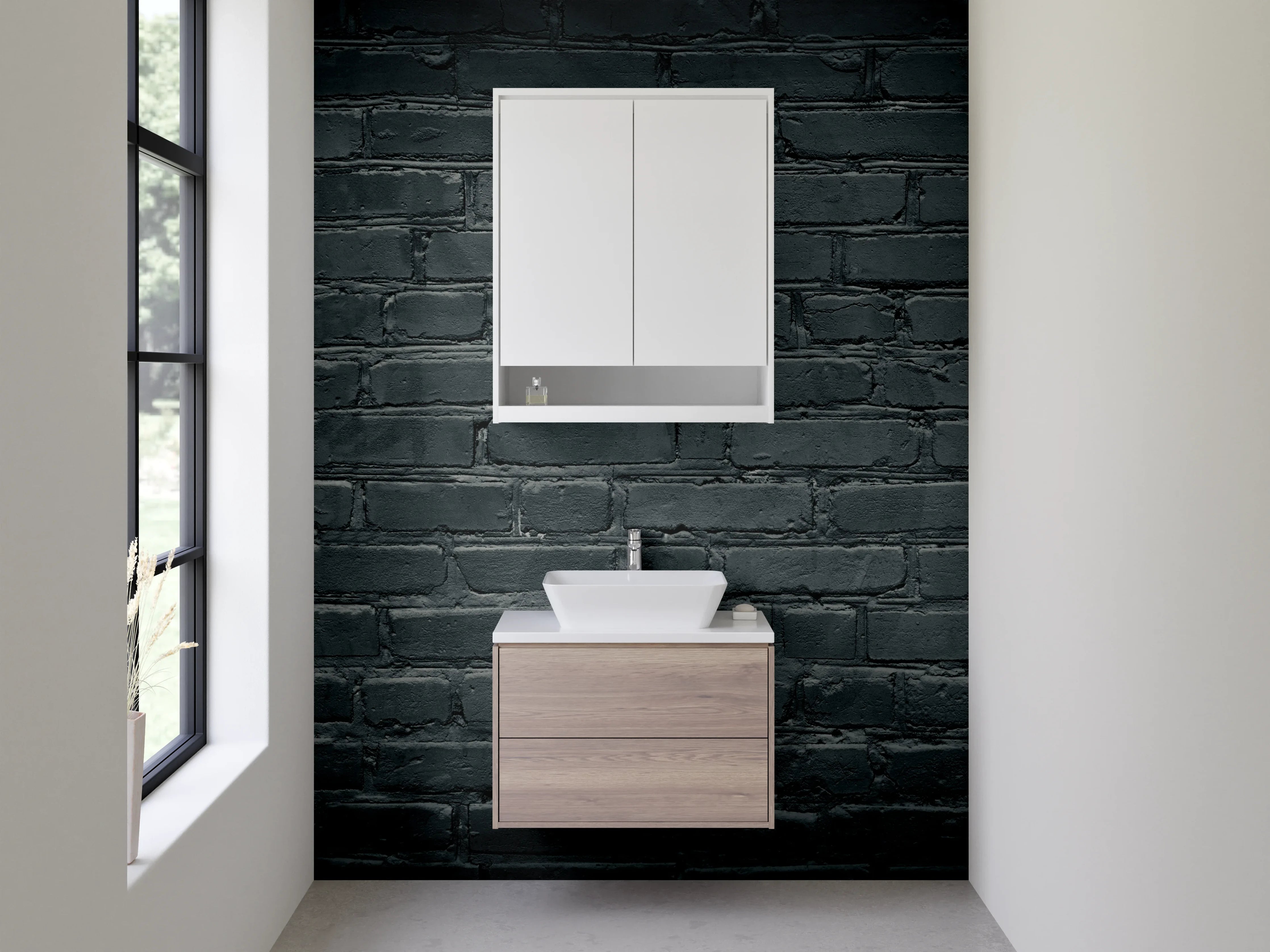 Waschbecken-Rückwand - Grauschwarze Ziegelwand im Loftstil