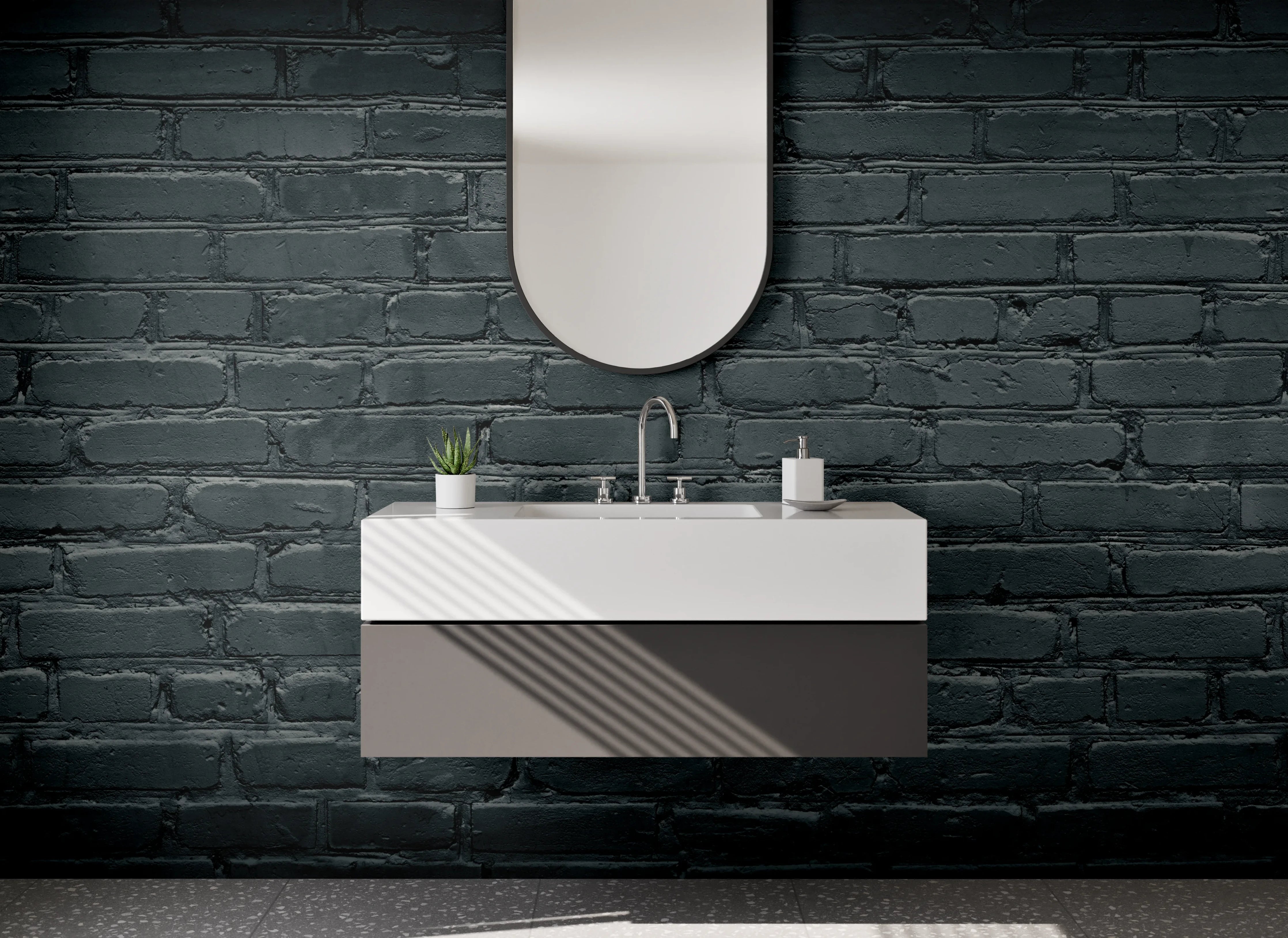 Waschbecken-Rückwand - Grauschwarze Ziegelwand im Loftstil