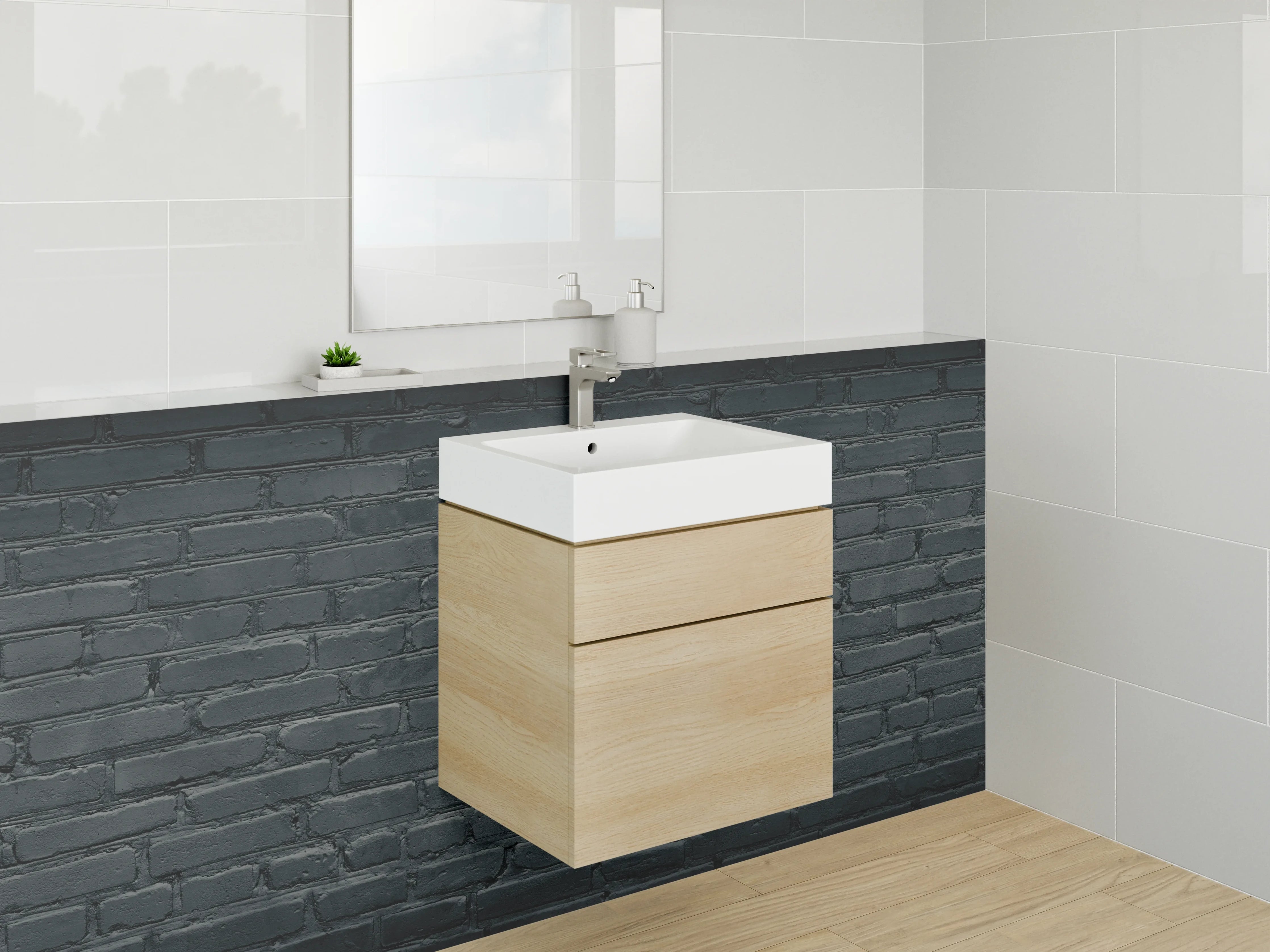 Waschbecken-Rückwand - Grauschwarze Ziegelwand im Loftstil