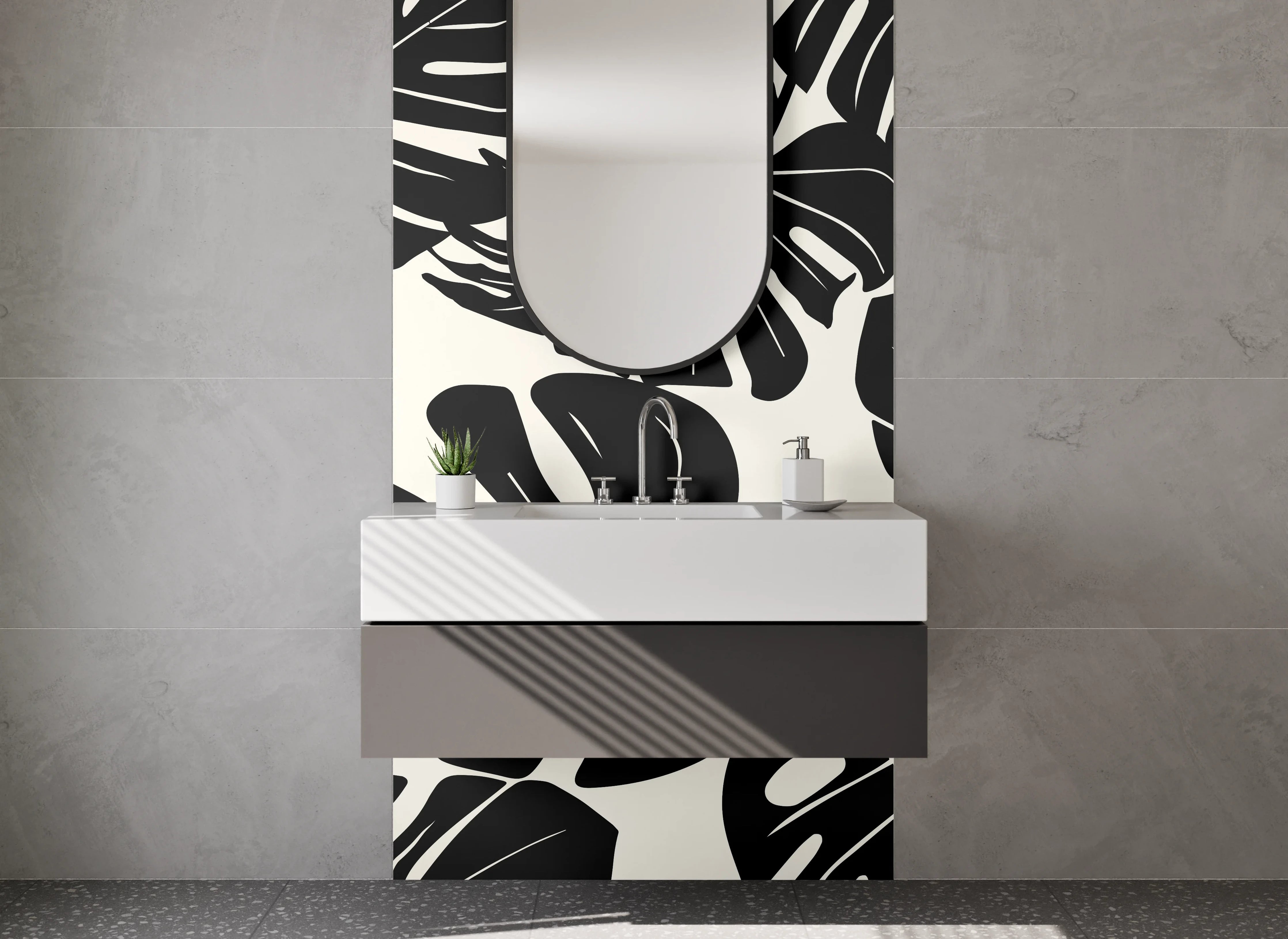 Waschbecken-Rückwand - Grauton Monstera Blattkunst