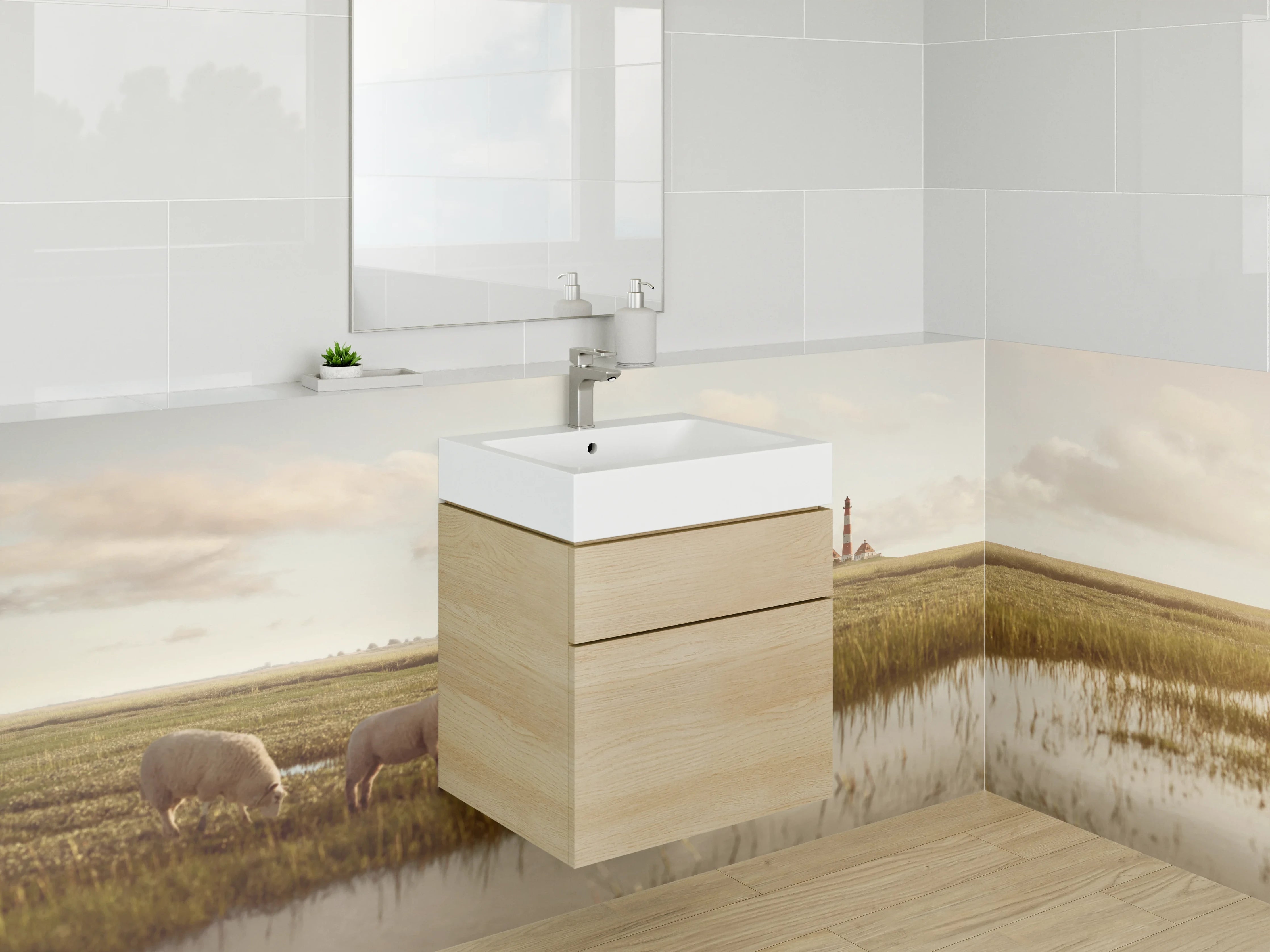 Waschbecken-Rückwand - Grauwe Landschaft mit Schafen