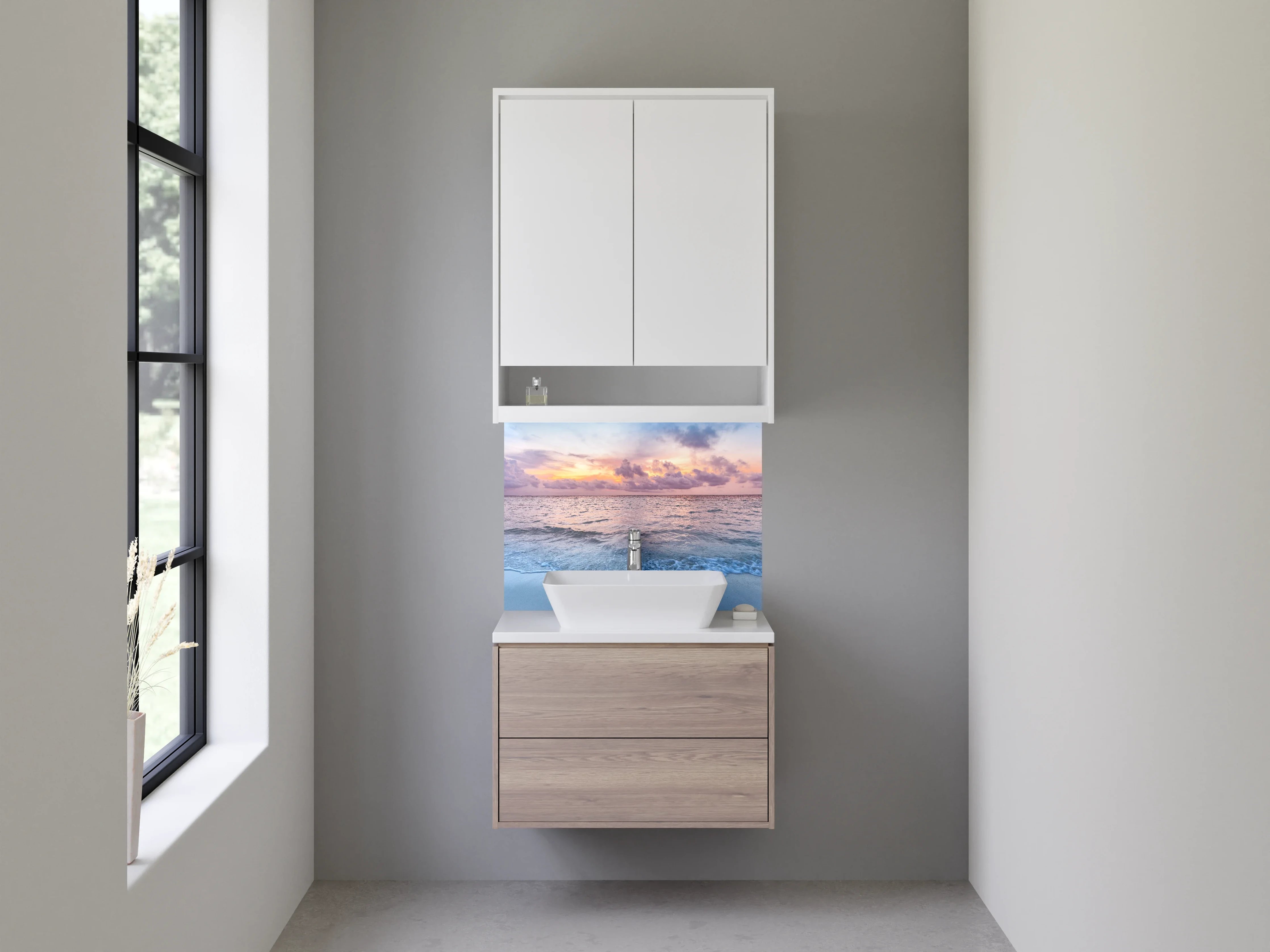 Waschbecken-Rückwand - Grauwe Sonnenfinsternis am Ozean