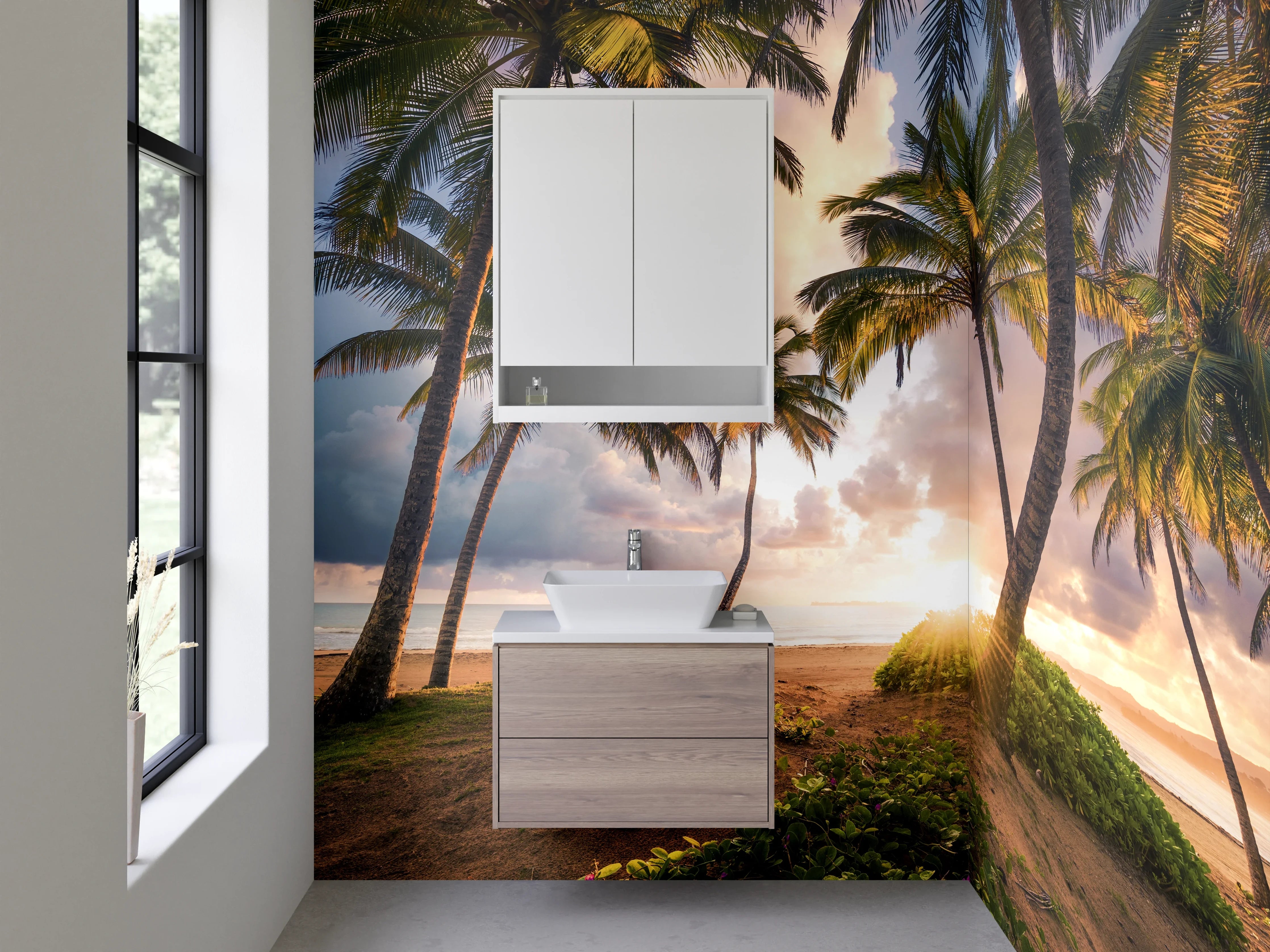 Waschbecken-Rückwand - Grauwe Sonnenuntergang am Palmenstrand