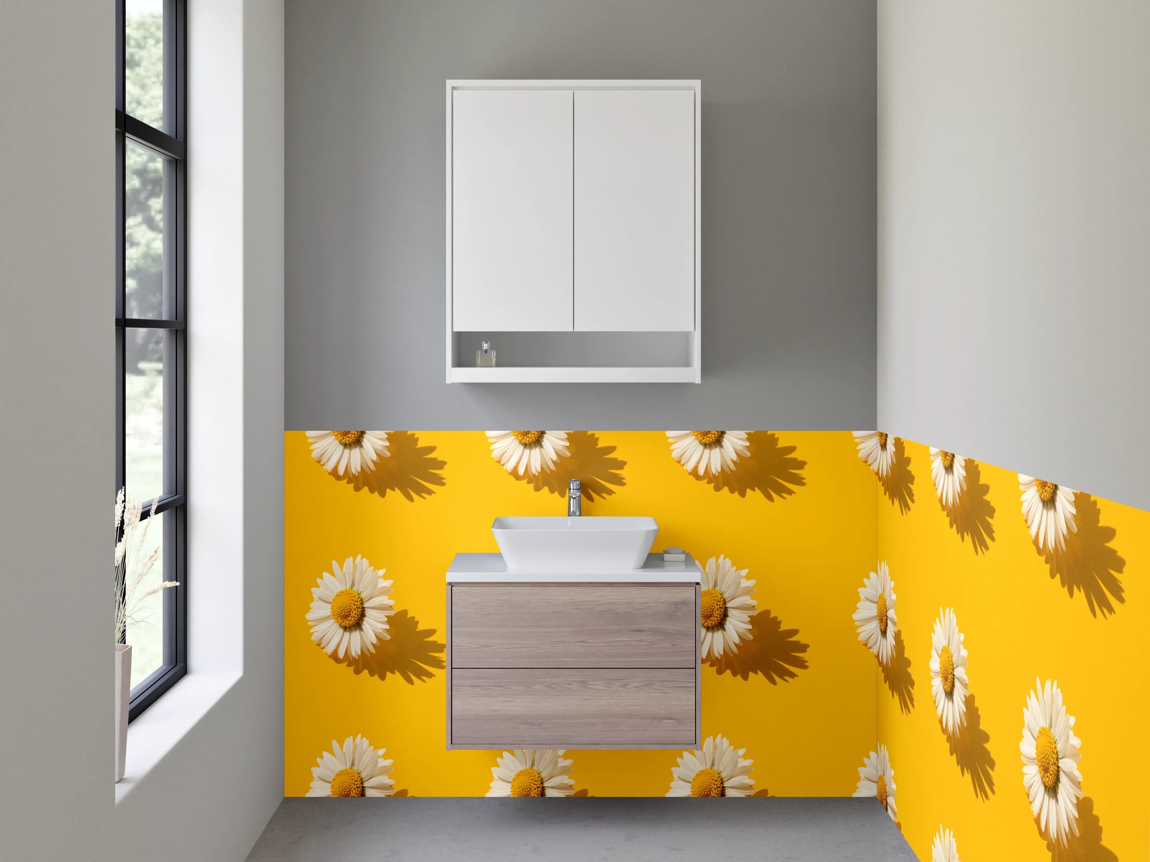 Waschbecken-Rückwand - Grauweiße Blüten auf Sonnengelb
