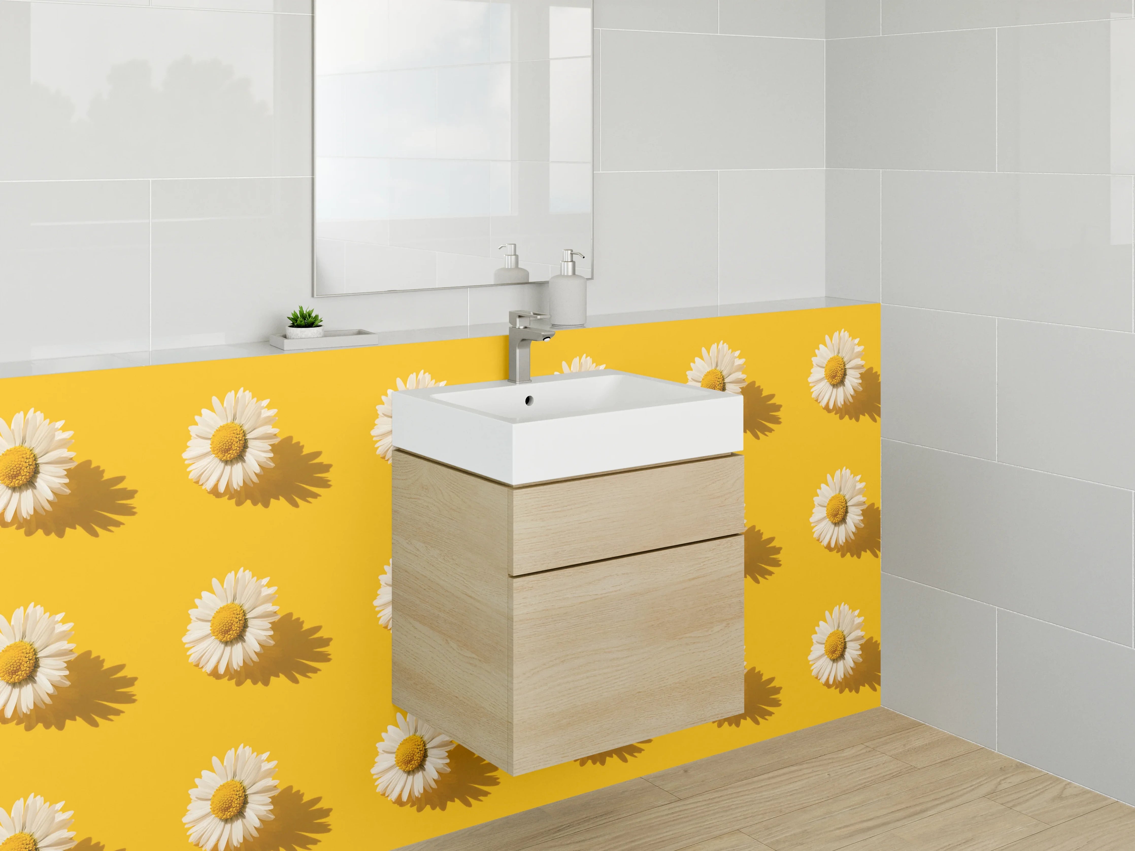 Waschbecken-Rückwand - Grauweiße Blüten auf Sonnengelb