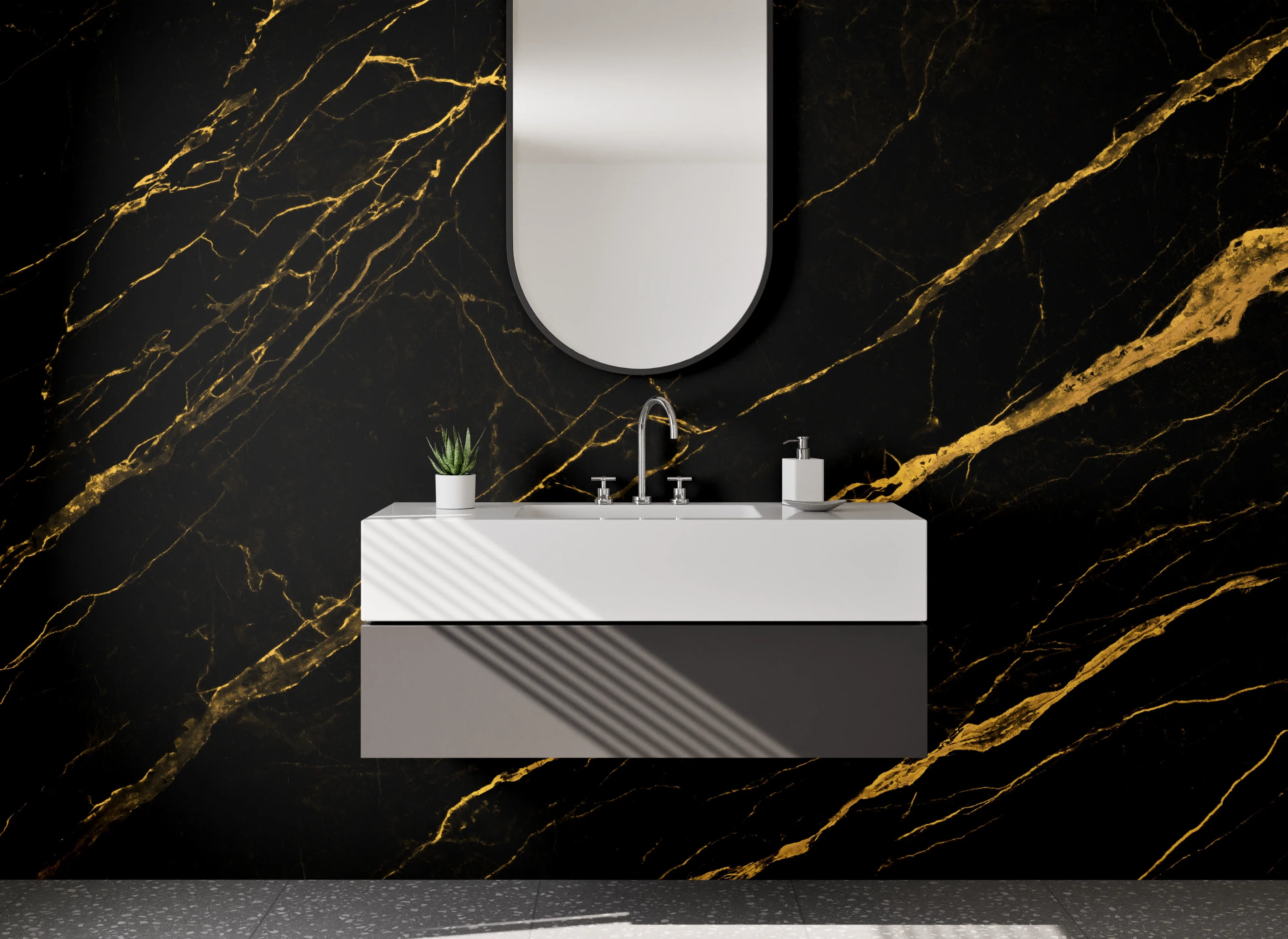 Waschbecken-Rückwand - Grauweiße Eleganz mit Goldadern