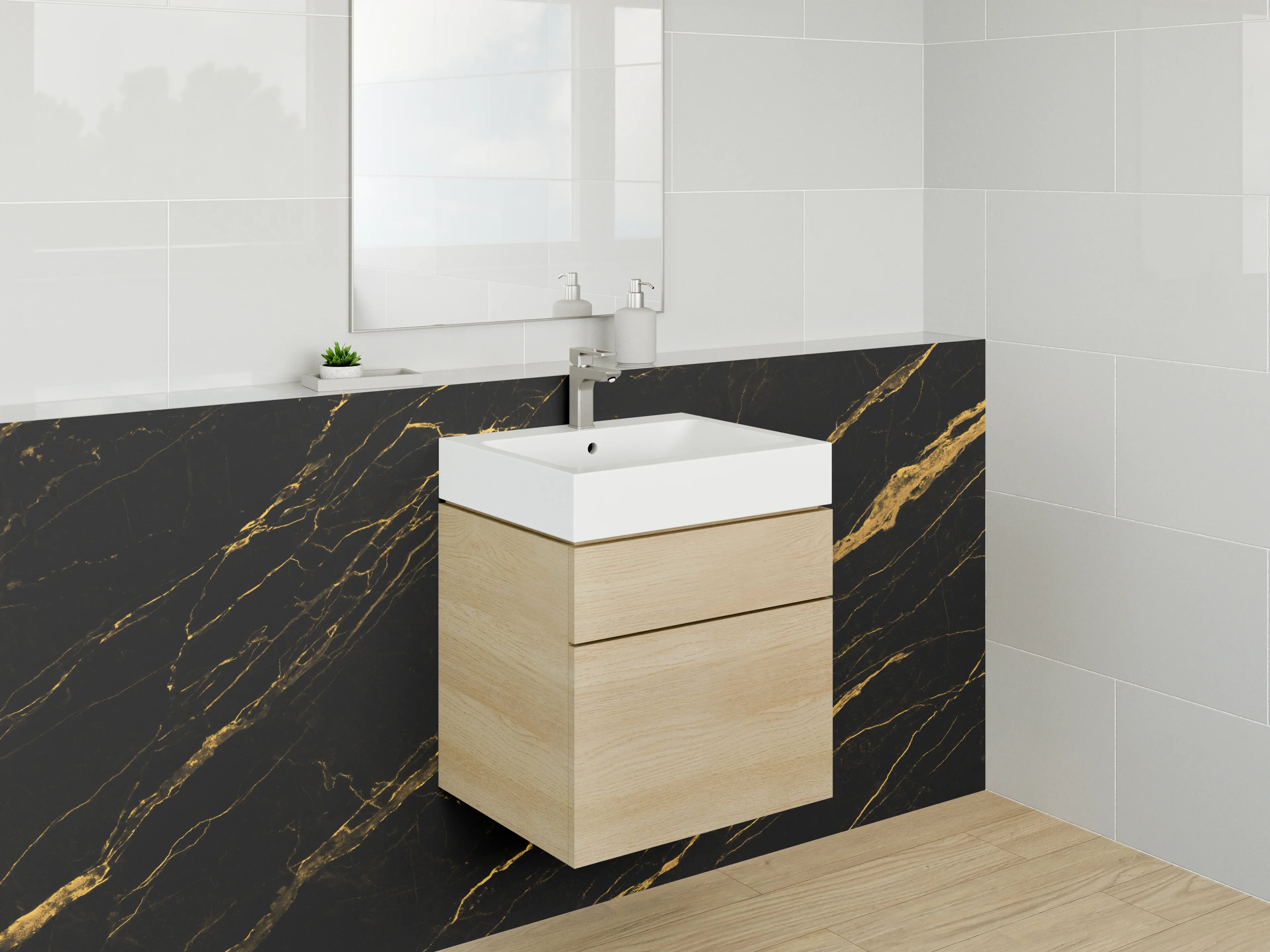 Waschbecken-Rückwand - Grauweiße Eleganz mit Goldadern