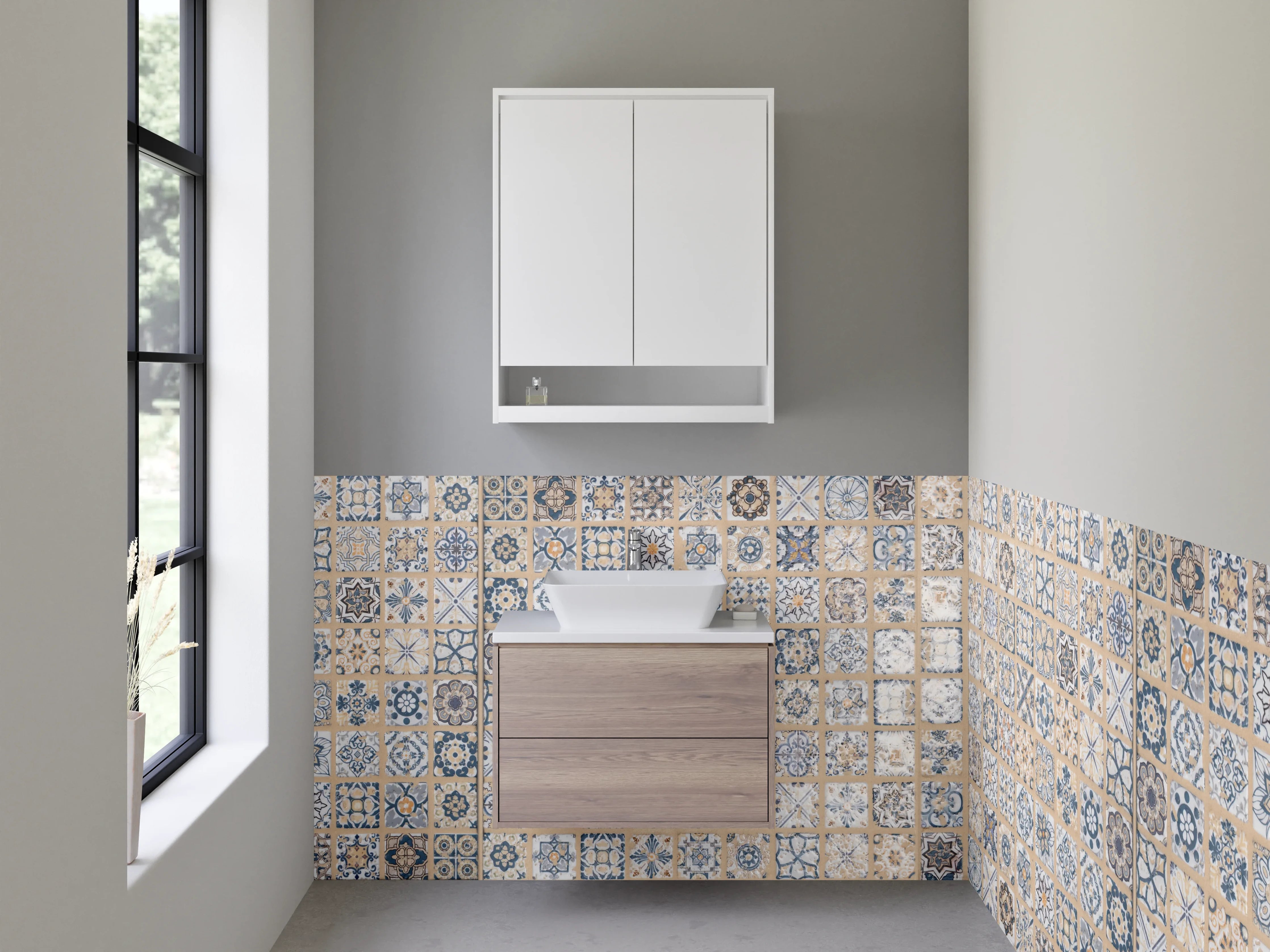 Waschbecken-Rückwand - Grauweiße Vintage-Fliesenmuster