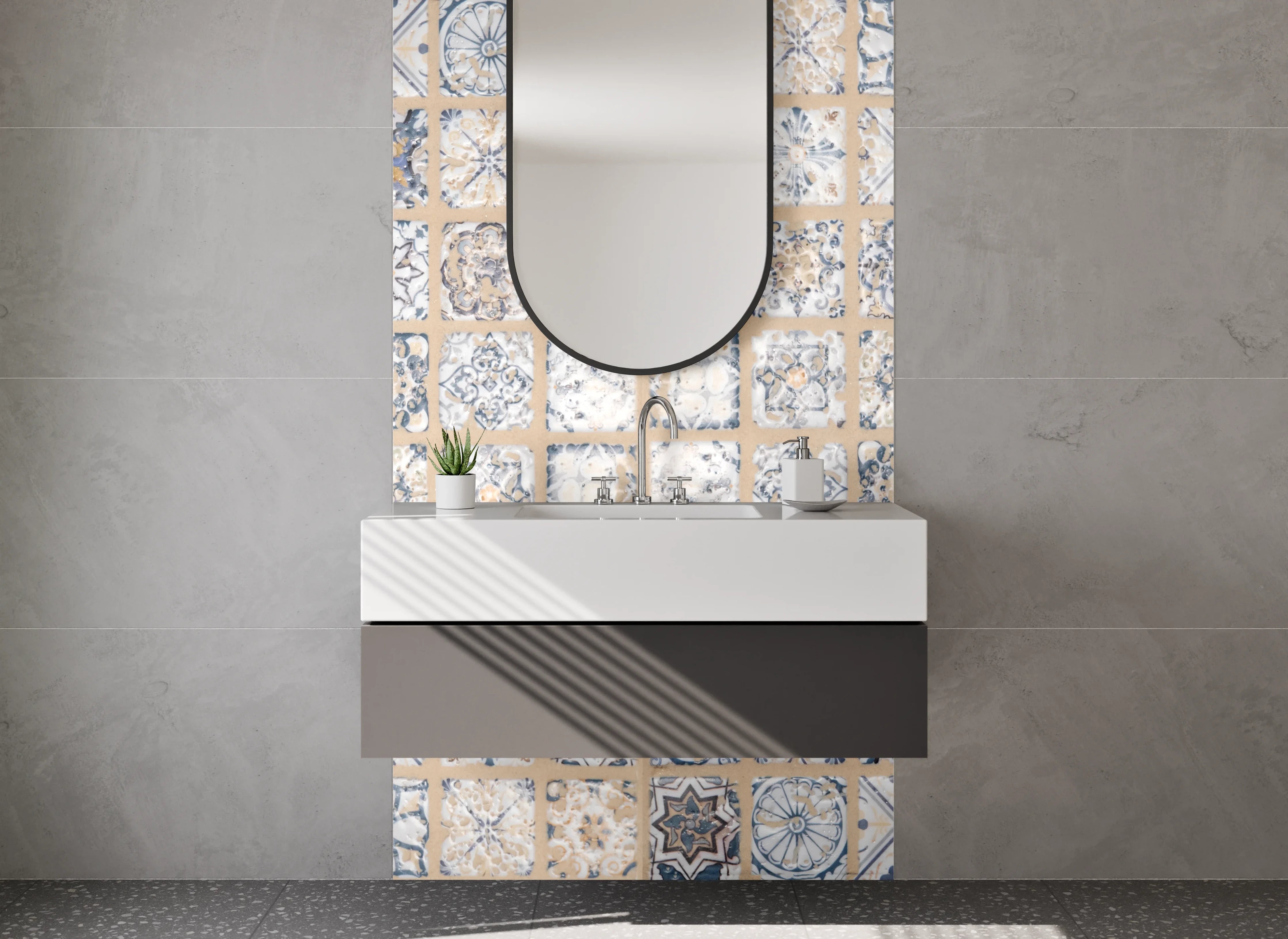 Waschbecken-Rückwand - Grauweiße Vintage-Fliesenmuster