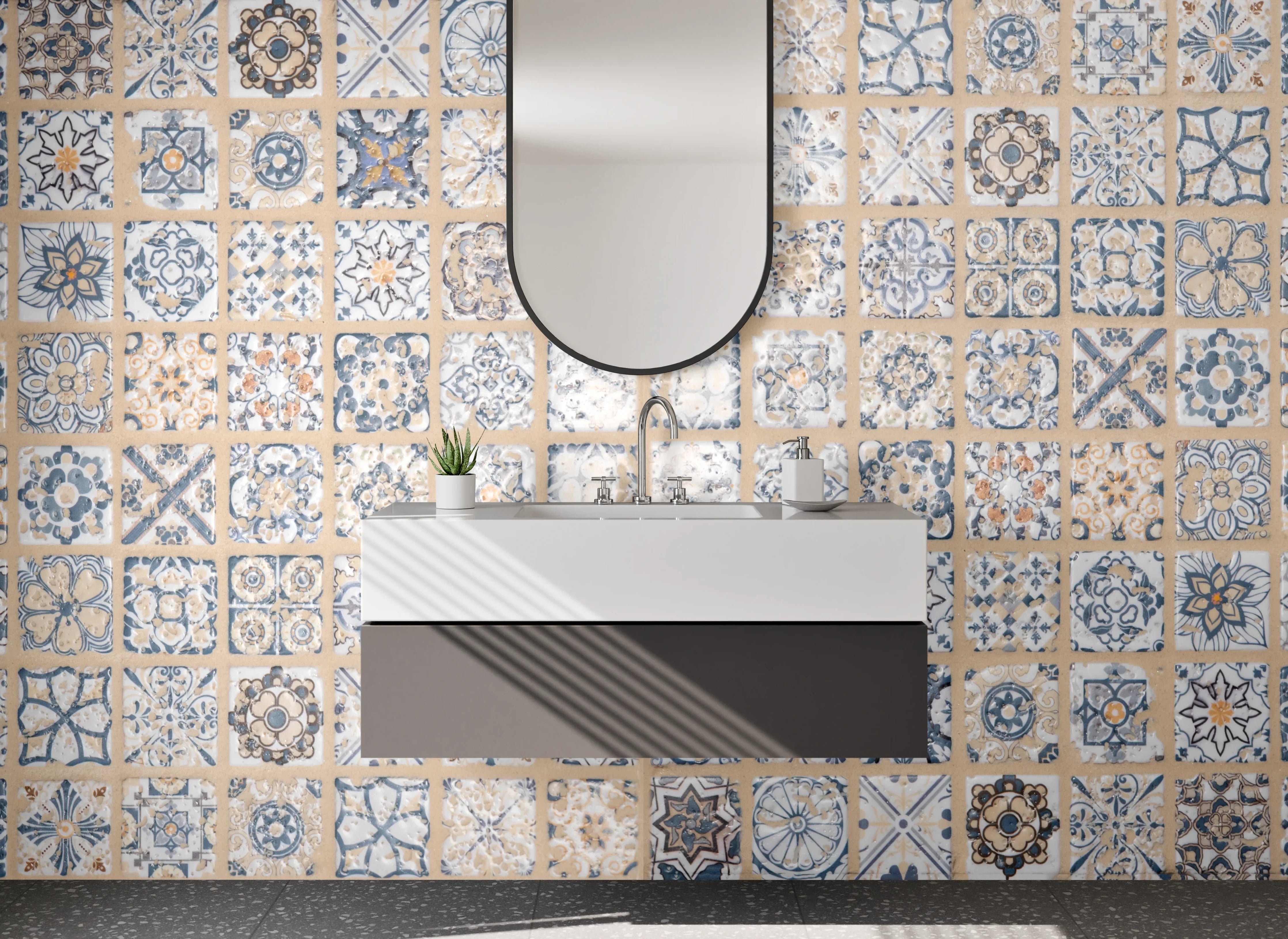 Waschbecken-Rückwand - Grauweiße Vintage-Fliesenmuster