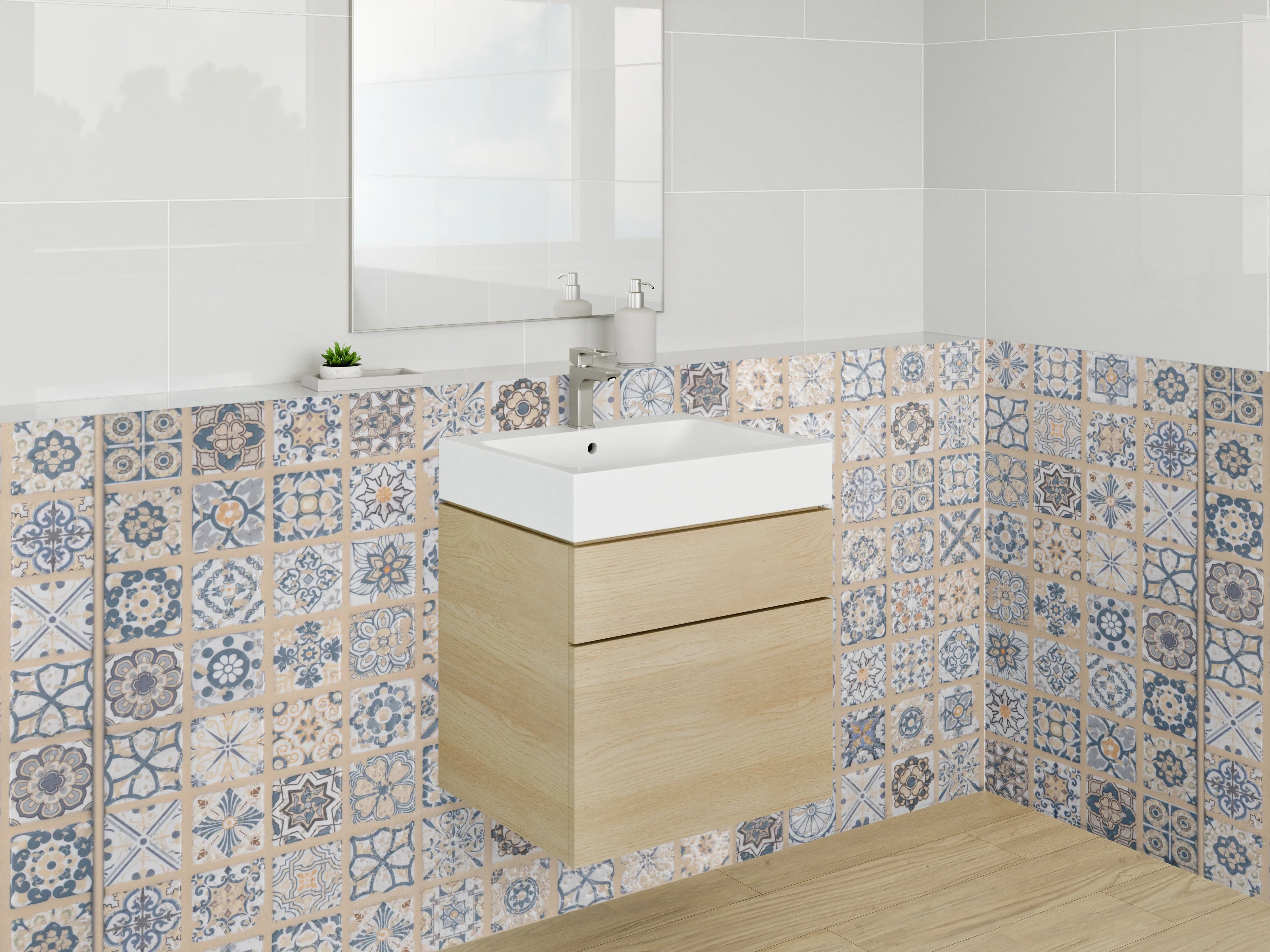 Waschbecken-Rückwand - Grauweiße Vintage-Fliesenmuster