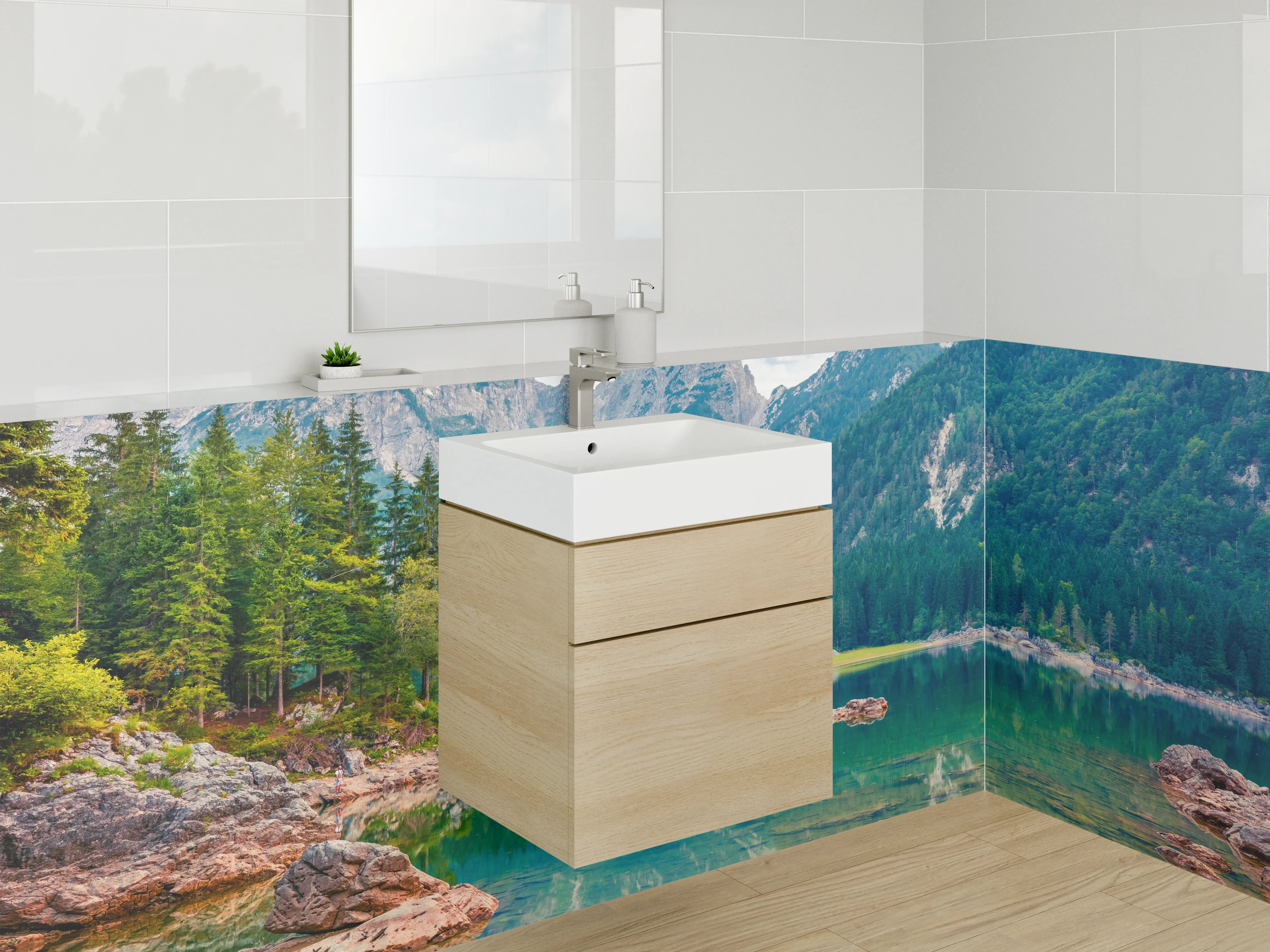 Waschbecken-Rückwand - Grauweißer Bergsee im Nebel