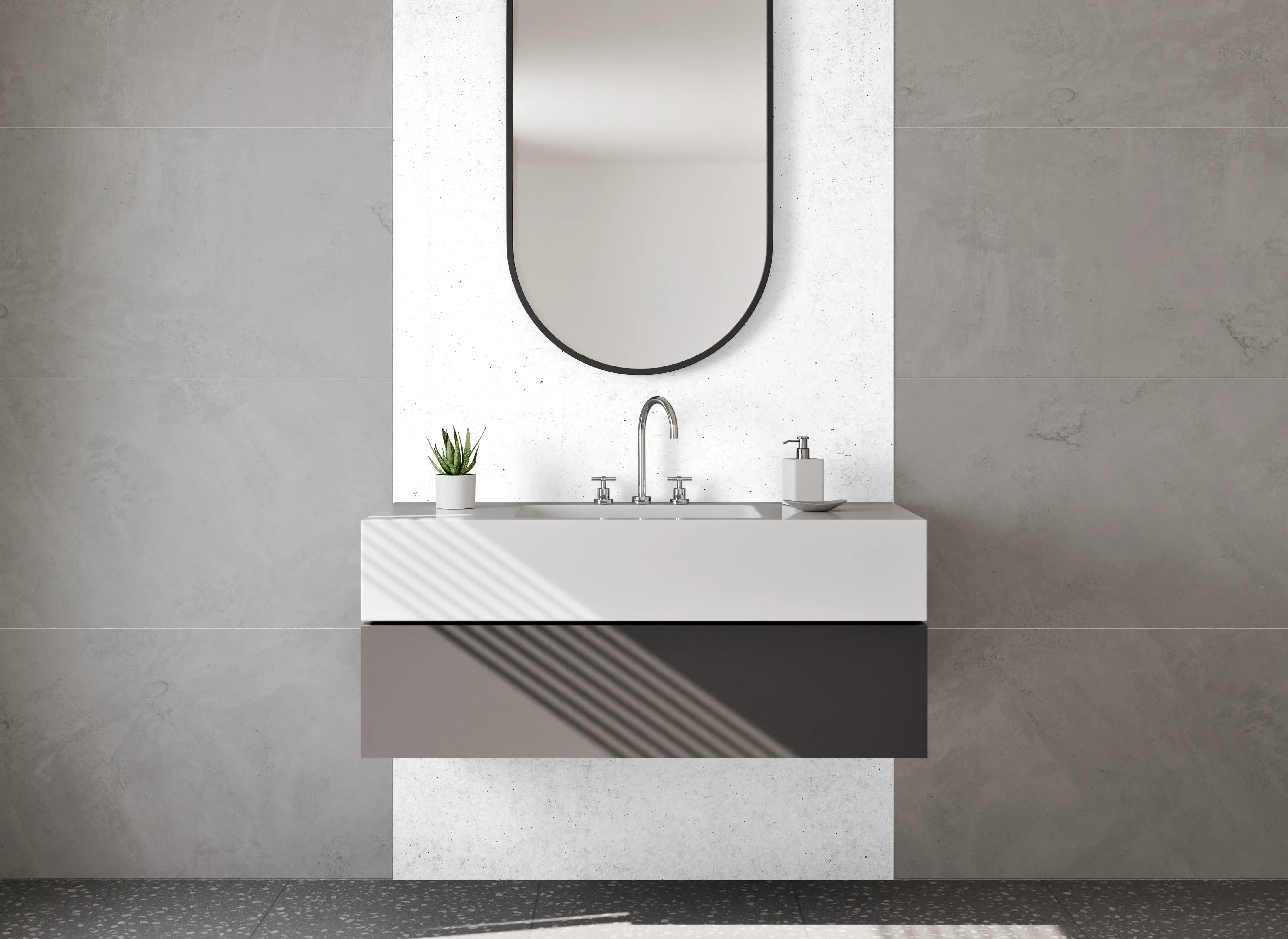 Waschbecken-Rückwand - Grauweißer Minimalismus in Betonoptik