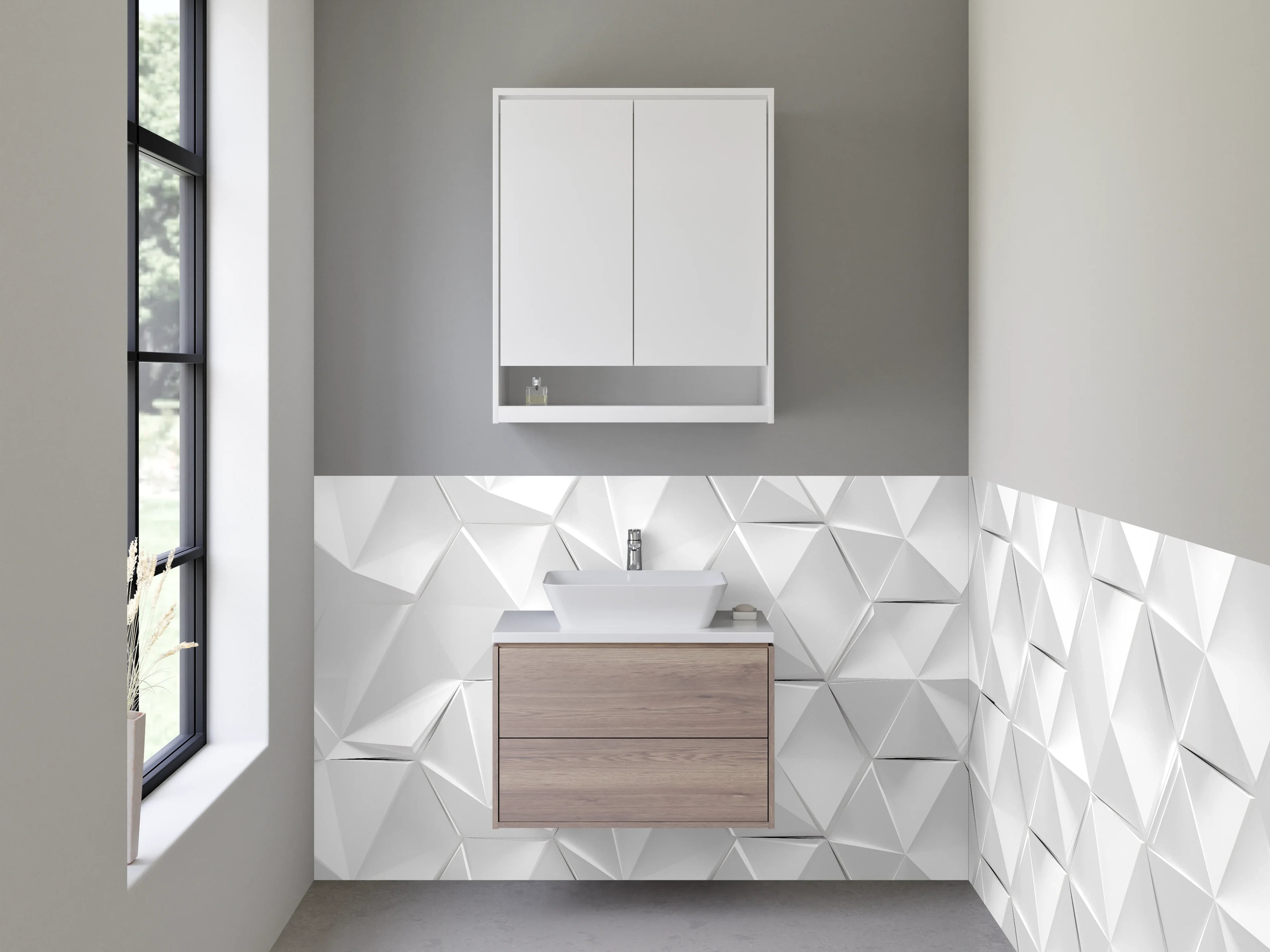 Waschbecken-Rückwand - Grauweißes 3D-Geometrie-Design