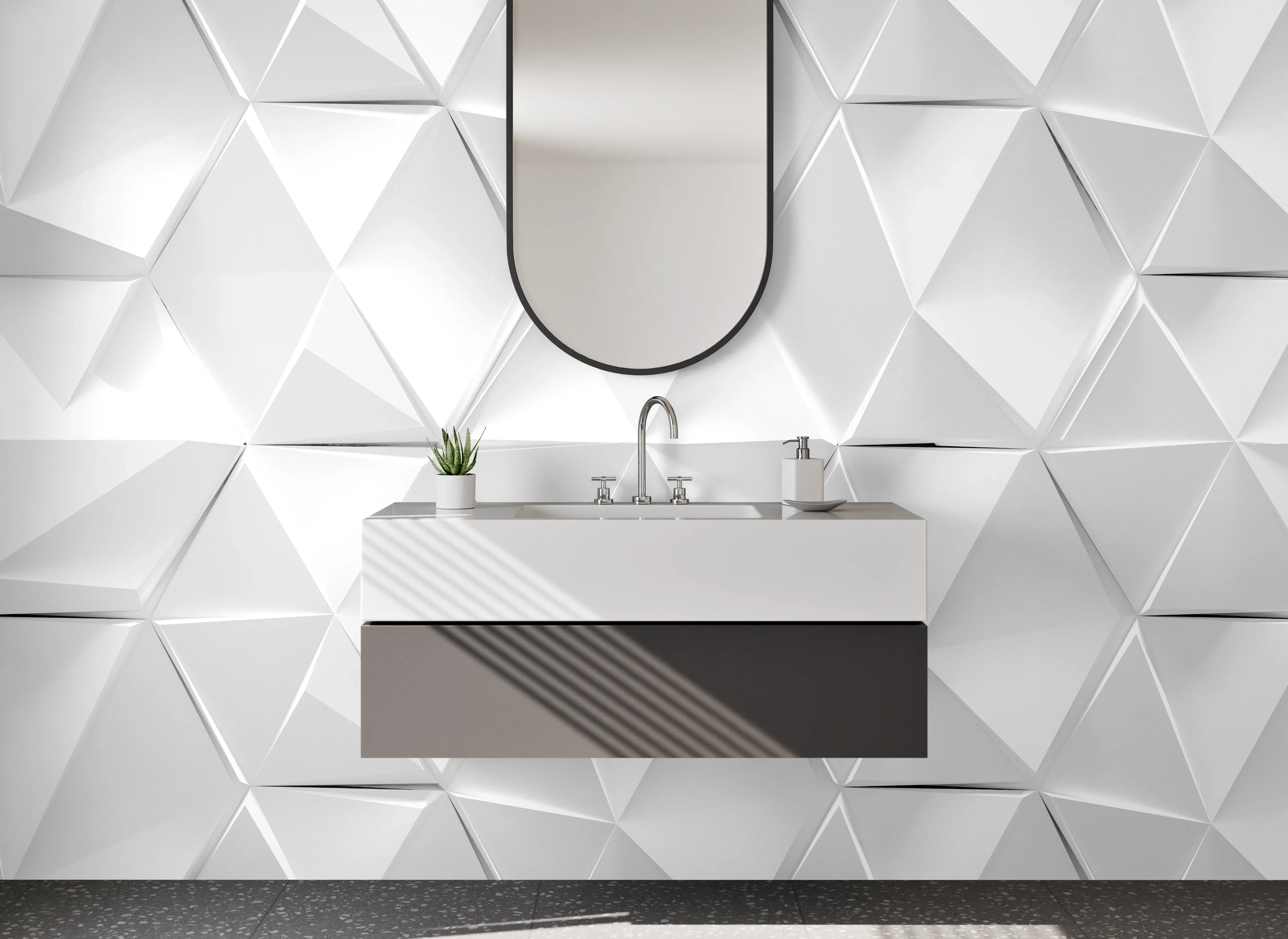 Waschbecken-Rückwand - Grauweißes 3D-Geometrie-Design