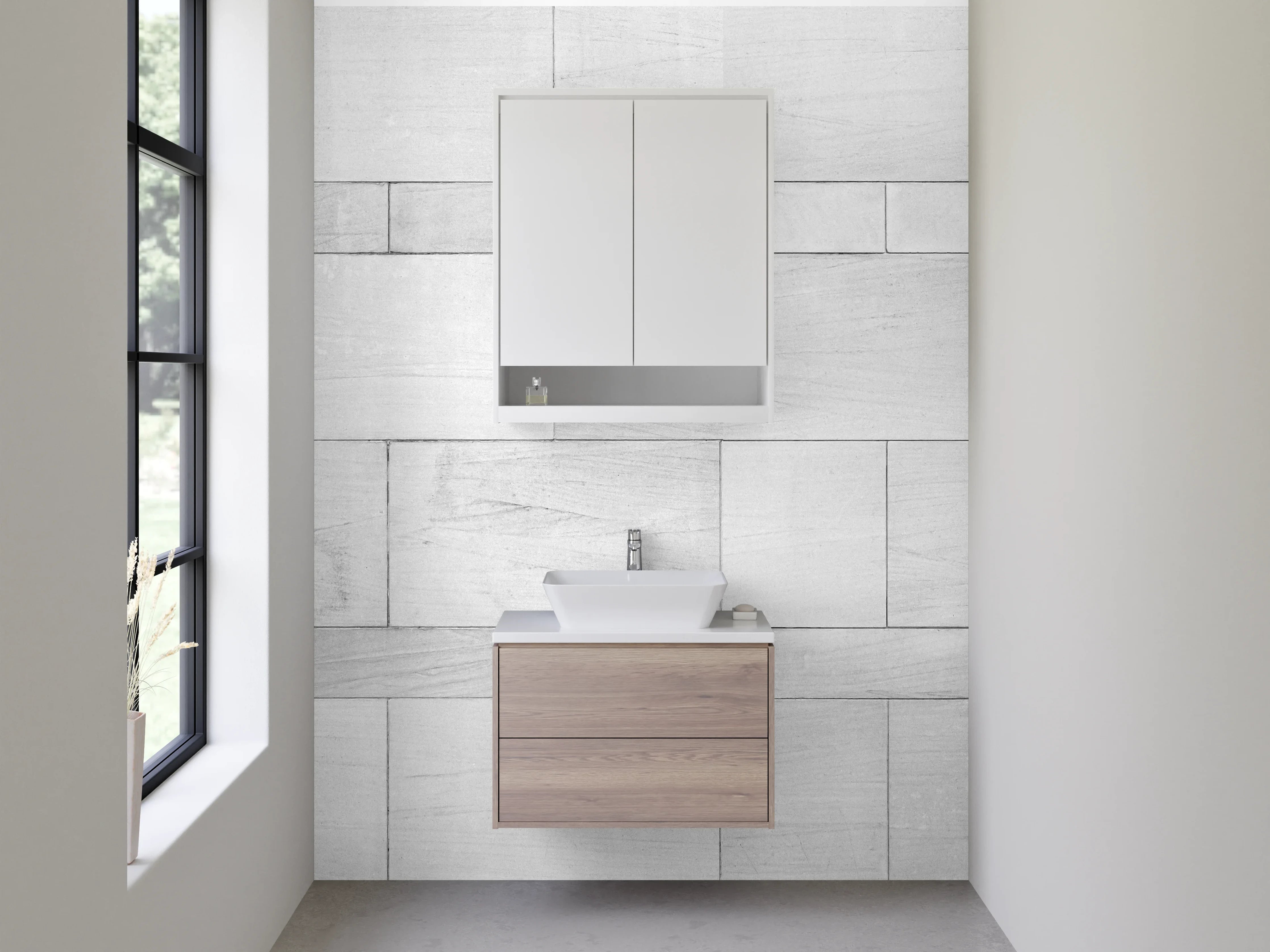 Waschbecken-Rückwand - Grauweißes Fliesendesign im Minimalstil