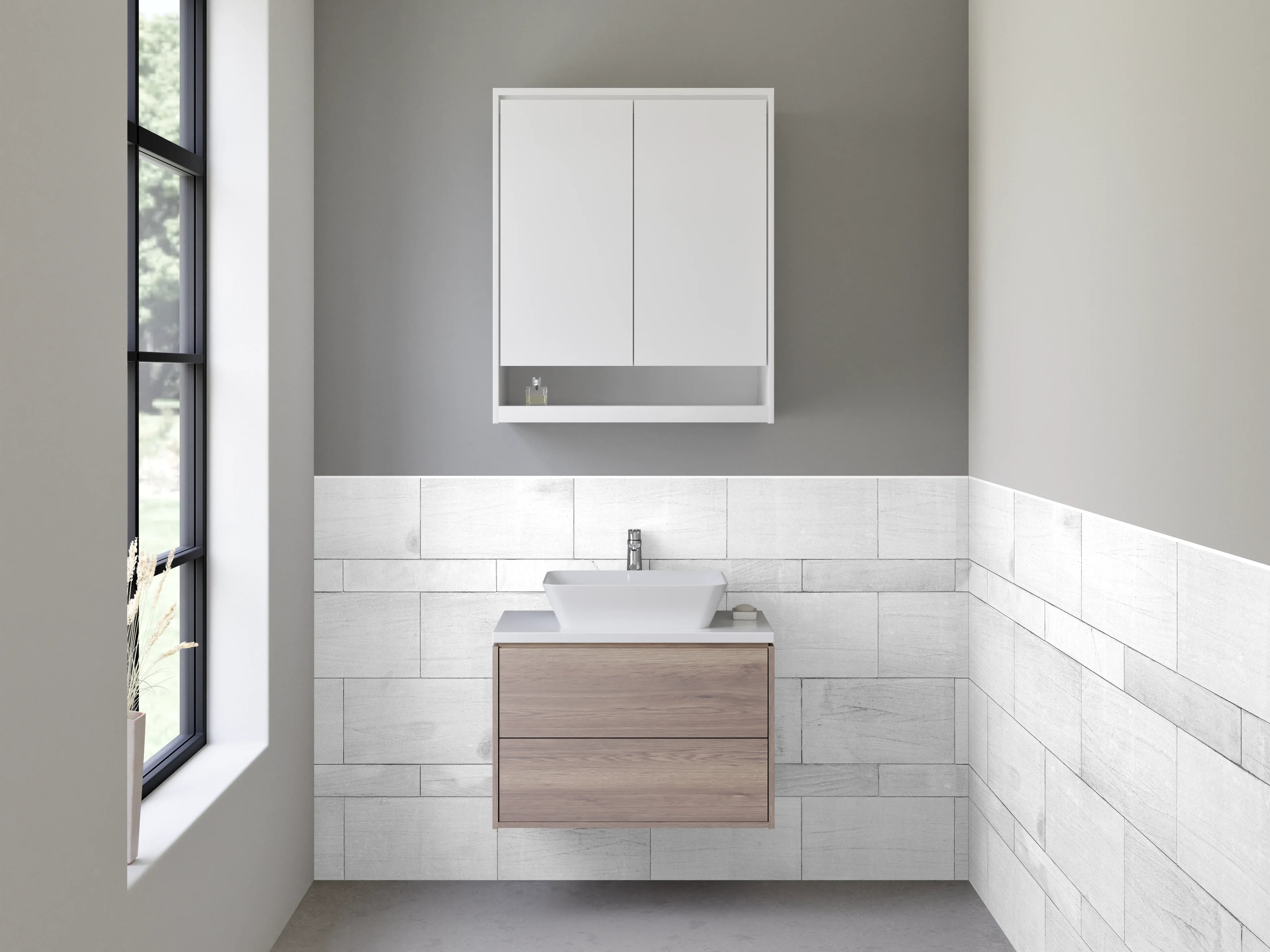 Waschbecken-Rückwand - Grauweißes Fliesendesign im Minimalstil