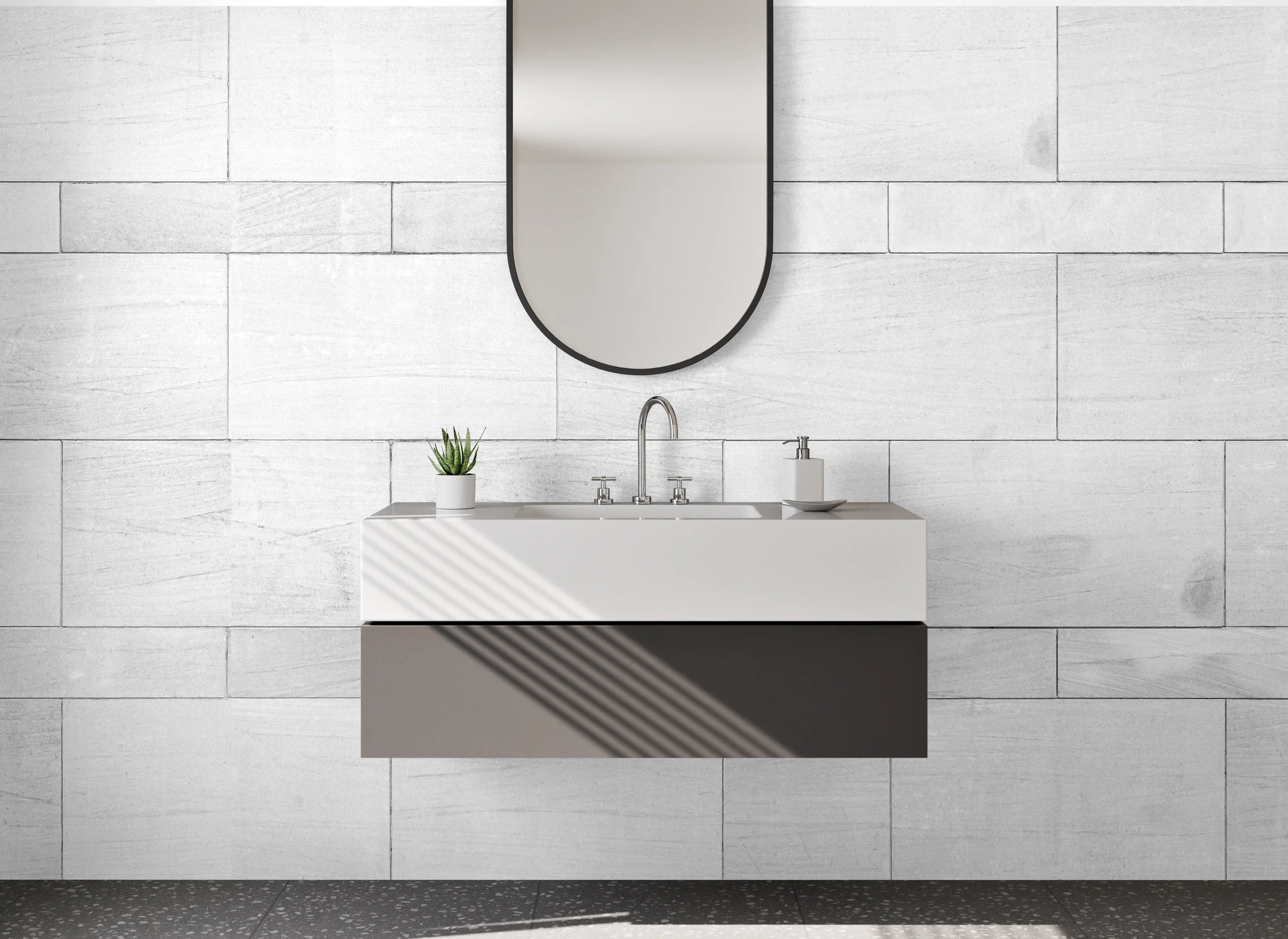 Waschbecken-Rückwand - Grauweißes Fliesendesign im Minimalstil