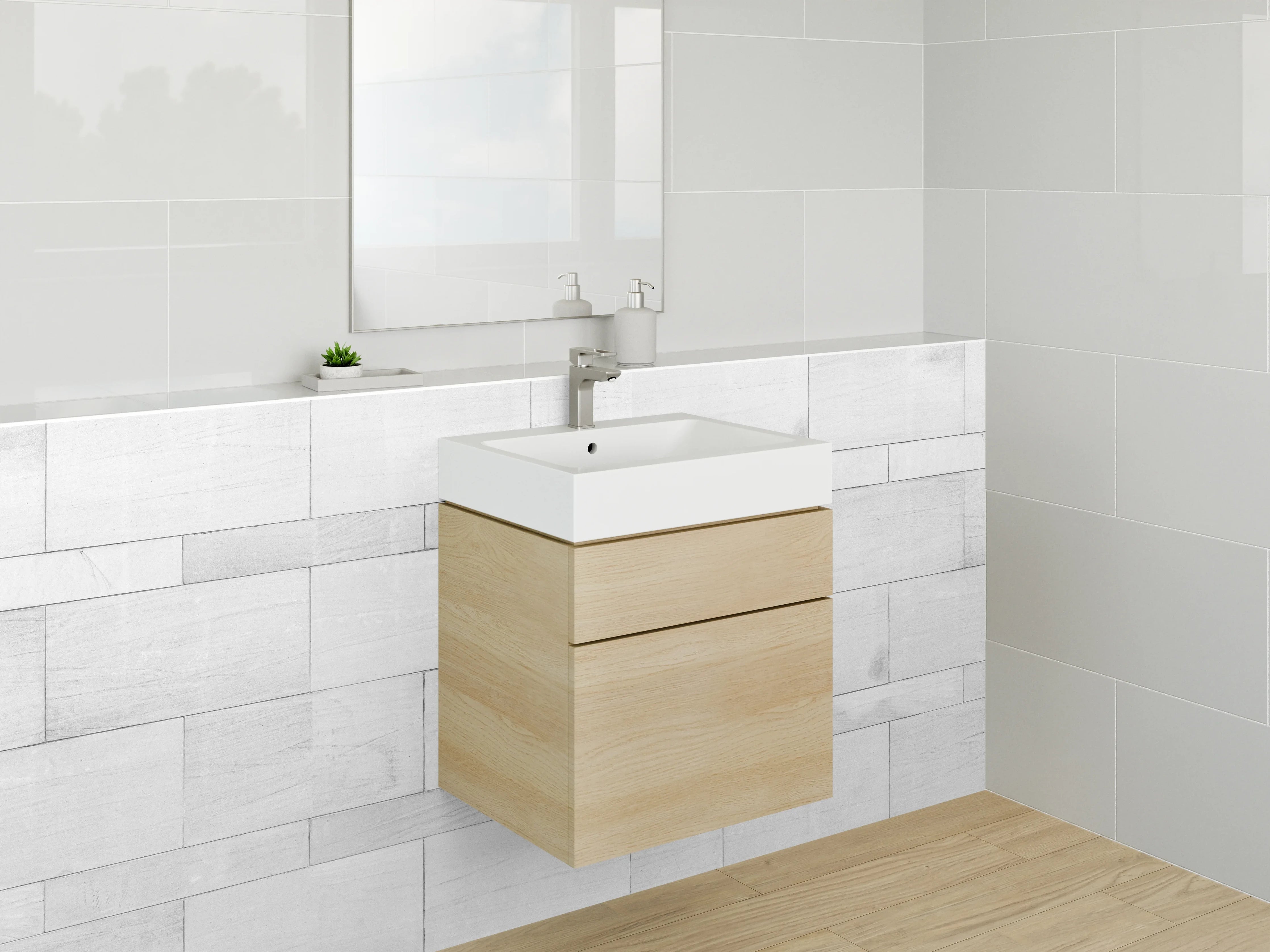 Waschbecken-Rückwand - Grauweißes Fliesendesign im Minimalstil