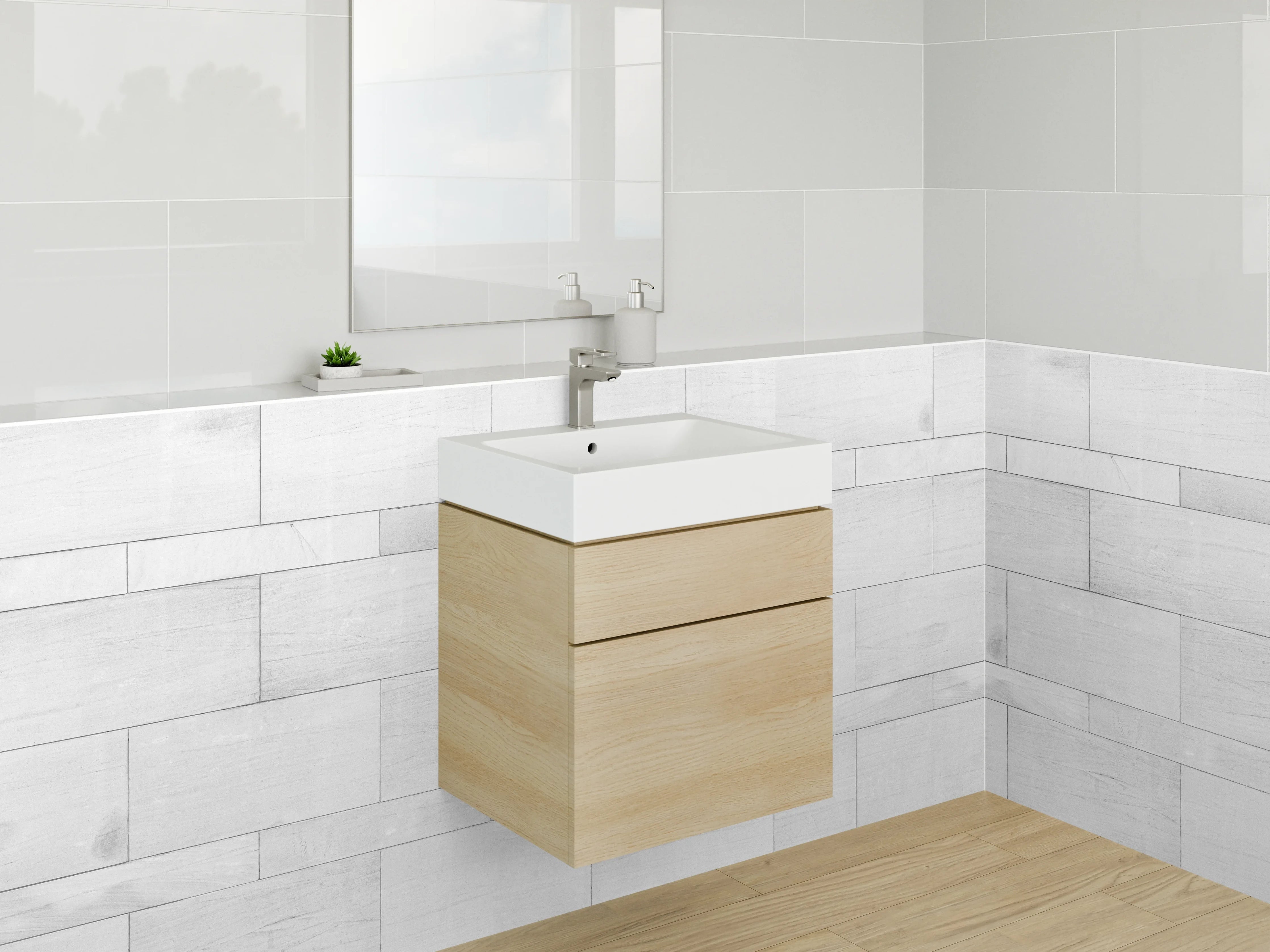 Waschbecken-Rückwand - Grauweißes Fliesendesign im Minimalstil