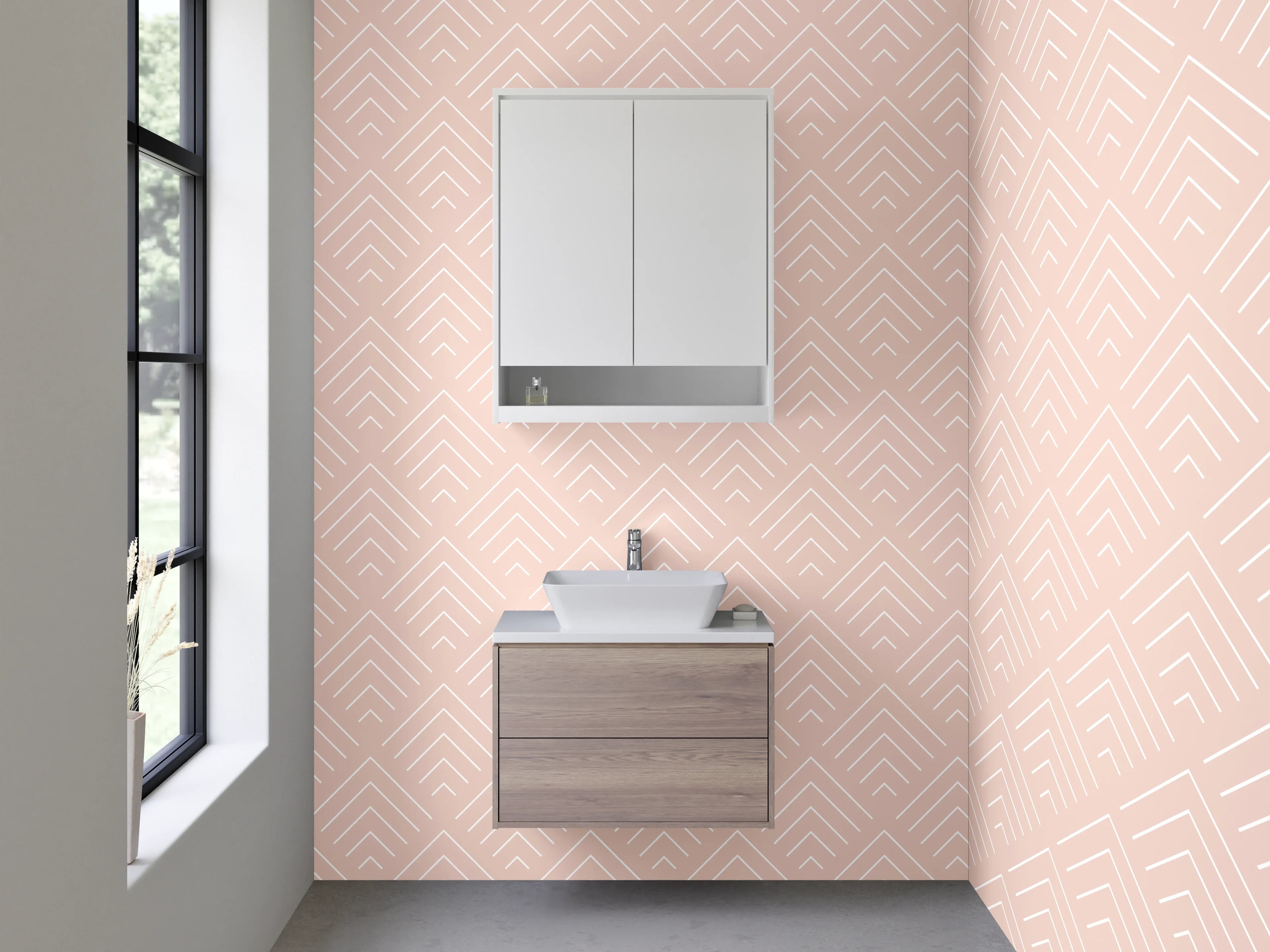 Waschbecken-Rückwand - Grauweißes Geometrie-Dekor im Art-Deko Stil