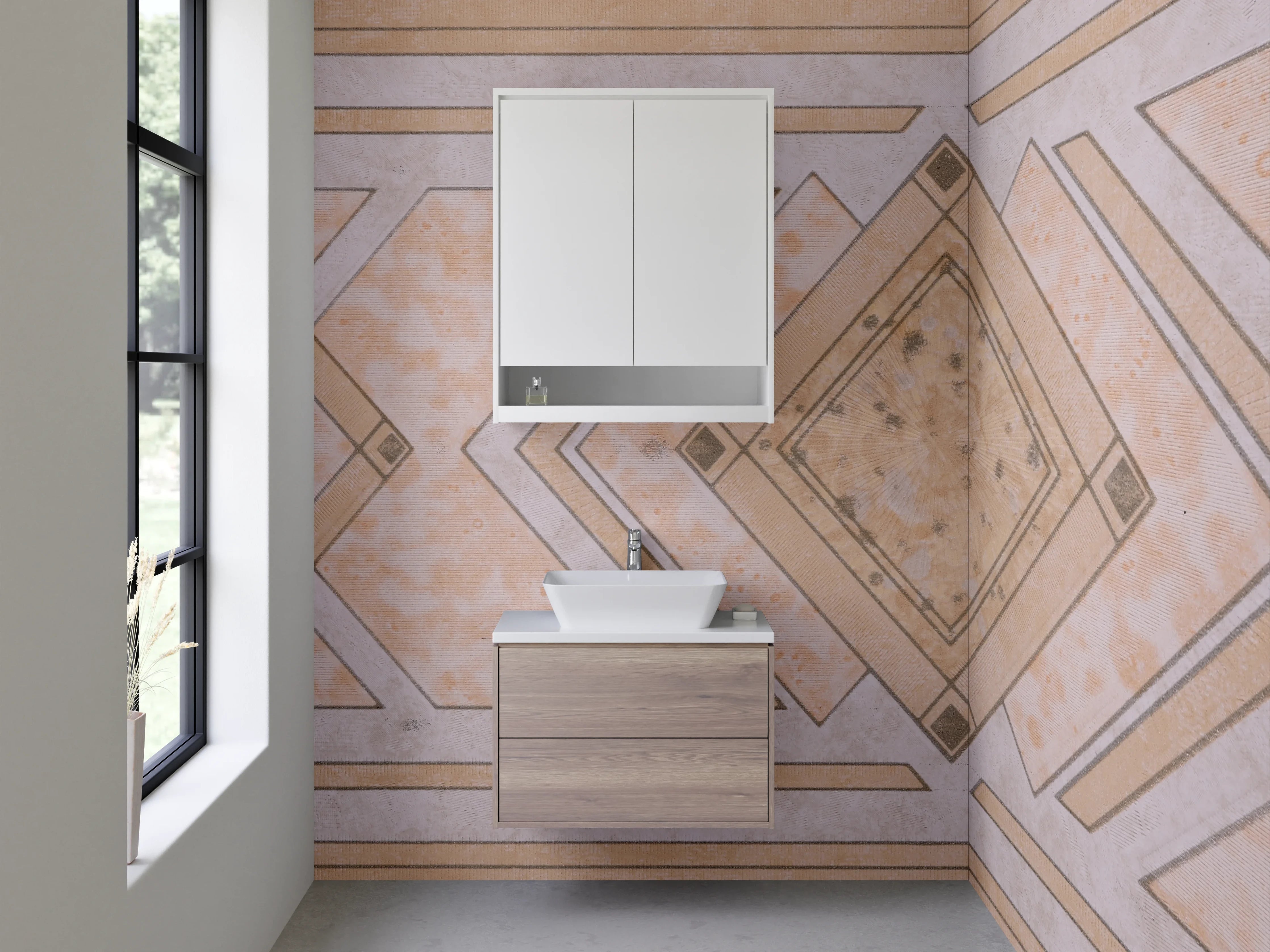 Waschbecken-Rückwand - Grauweißes Geometrie-Mosaik Design