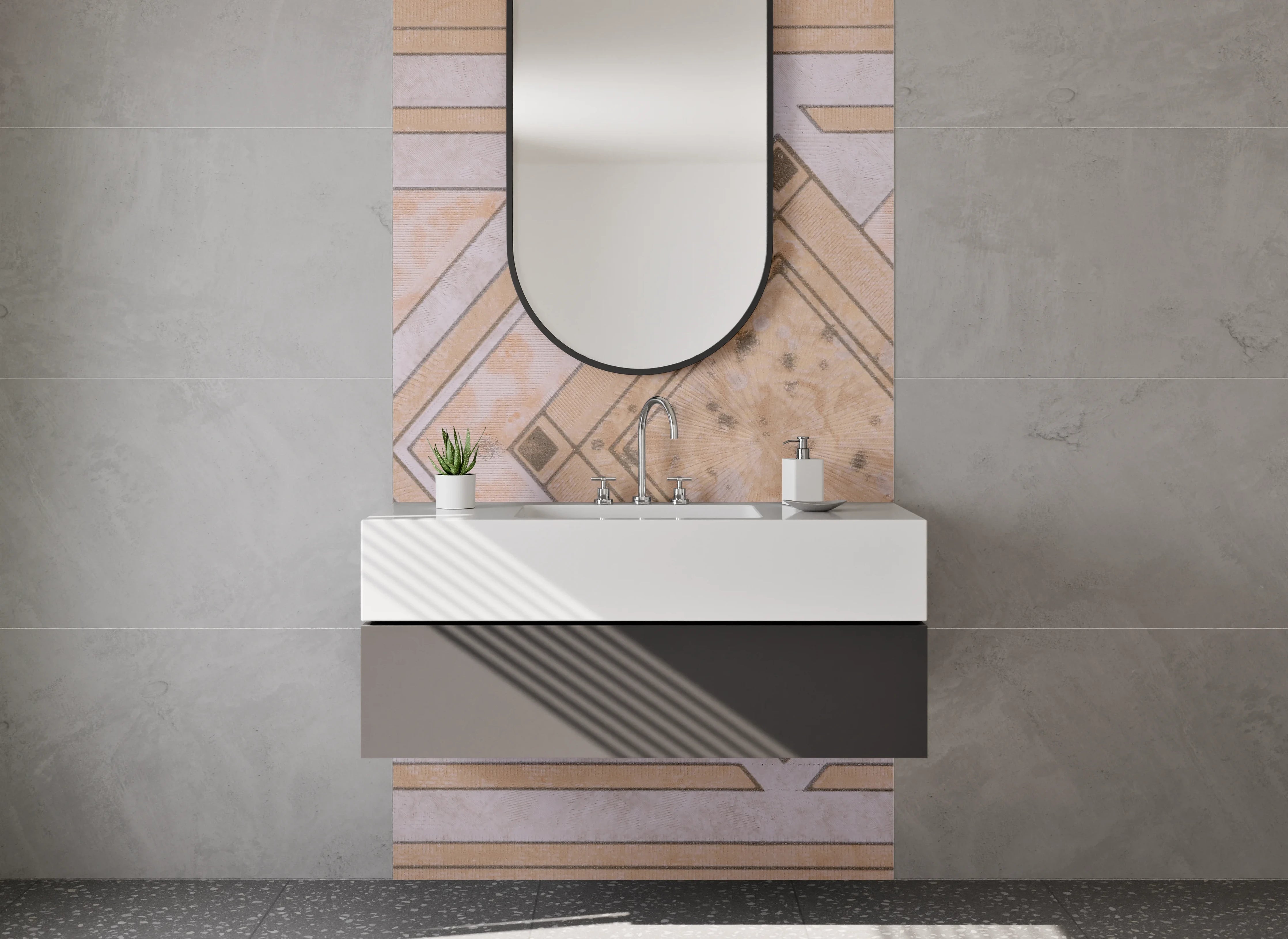 Waschbecken-Rückwand - Grauweißes Geometrie-Mosaik Design
