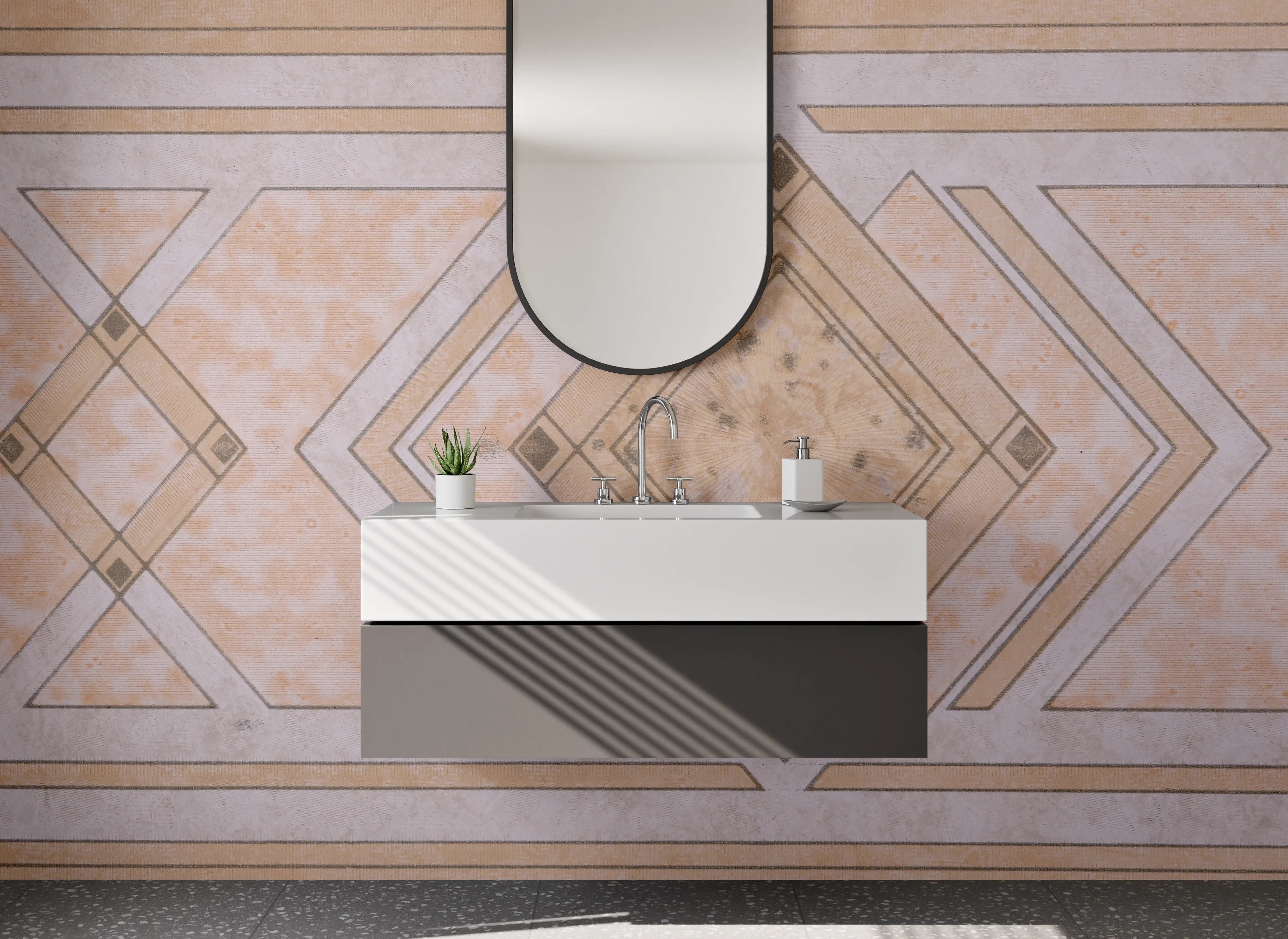 Waschbecken-Rückwand - Grauweißes Geometrie-Mosaik Design