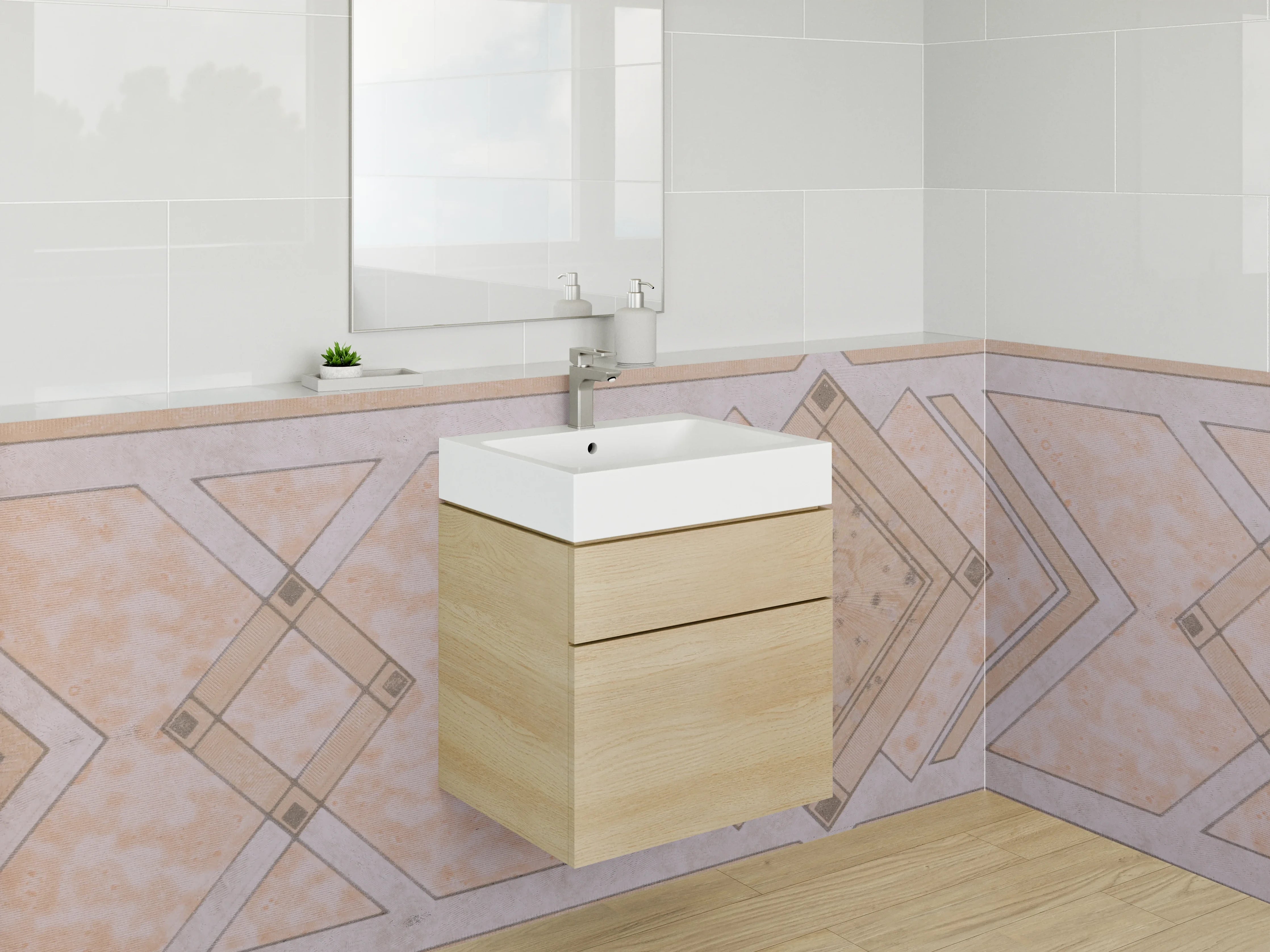 Waschbecken-Rückwand - Grauweißes Geometrie-Mosaik Design