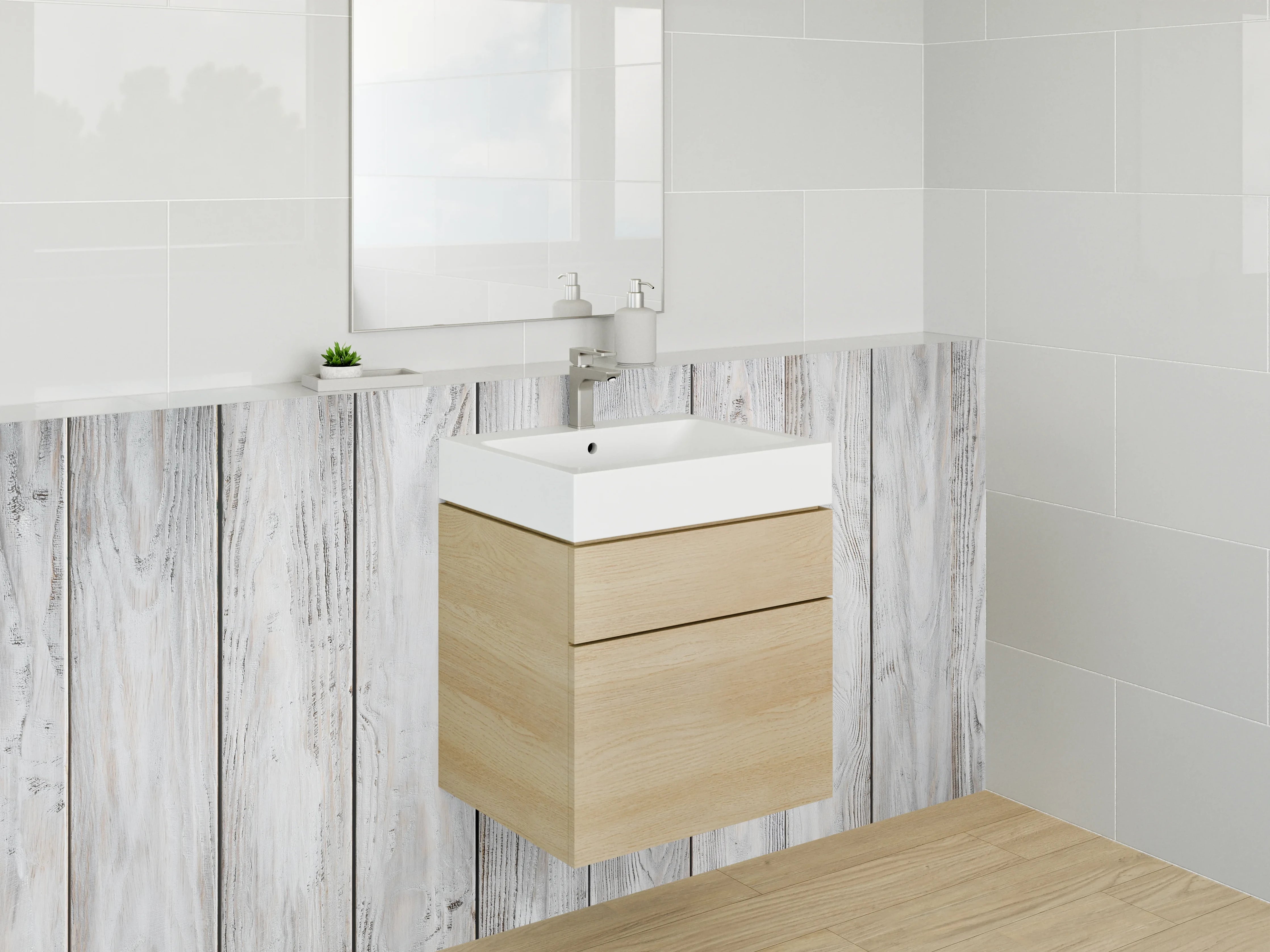 Waschbecken-Rückwand - Grauweißes Holzdekor Wandpaneel