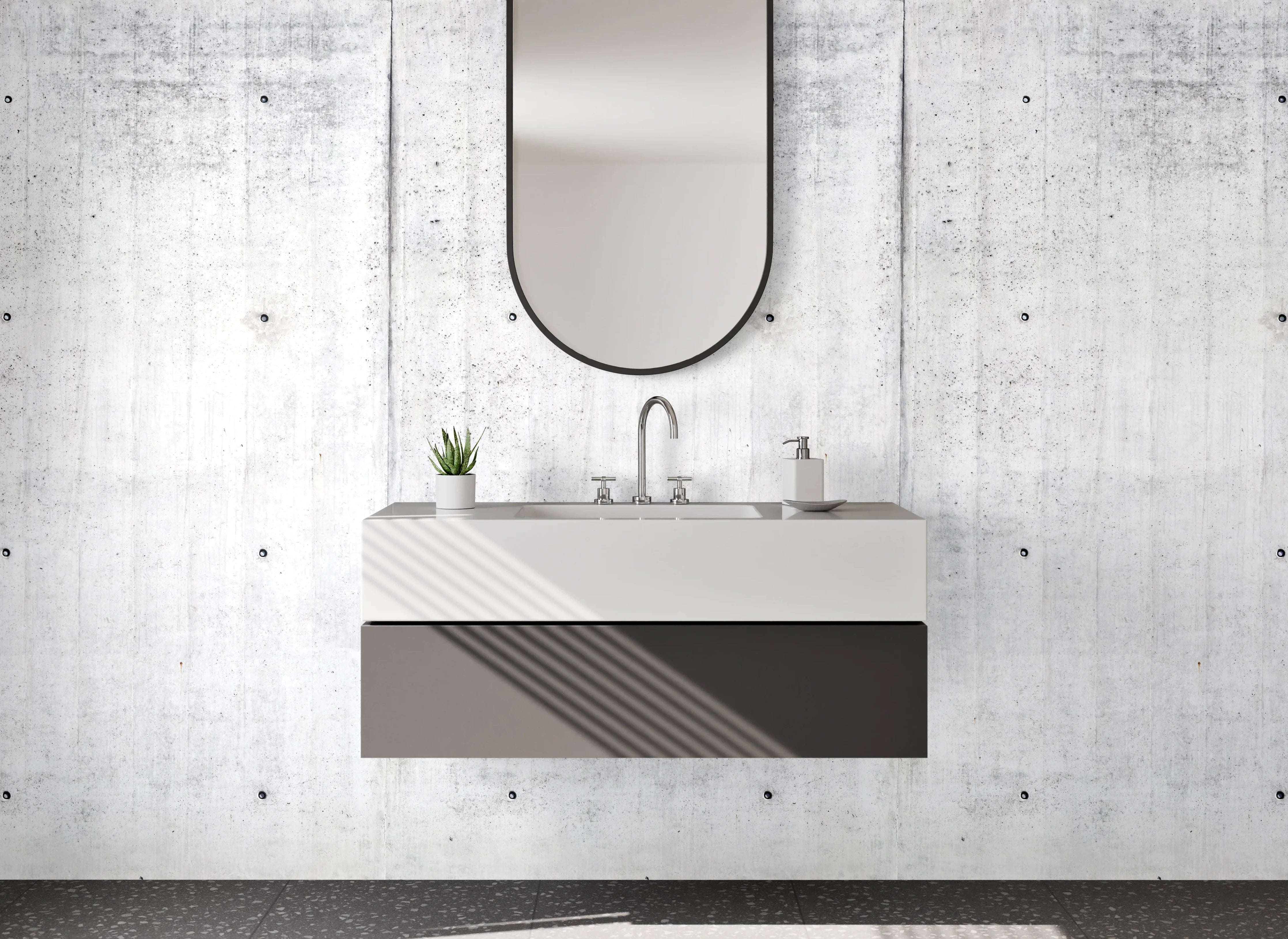 Waschbecken-Rückwand - Grauweißes Minimal Design in Betonoptik
