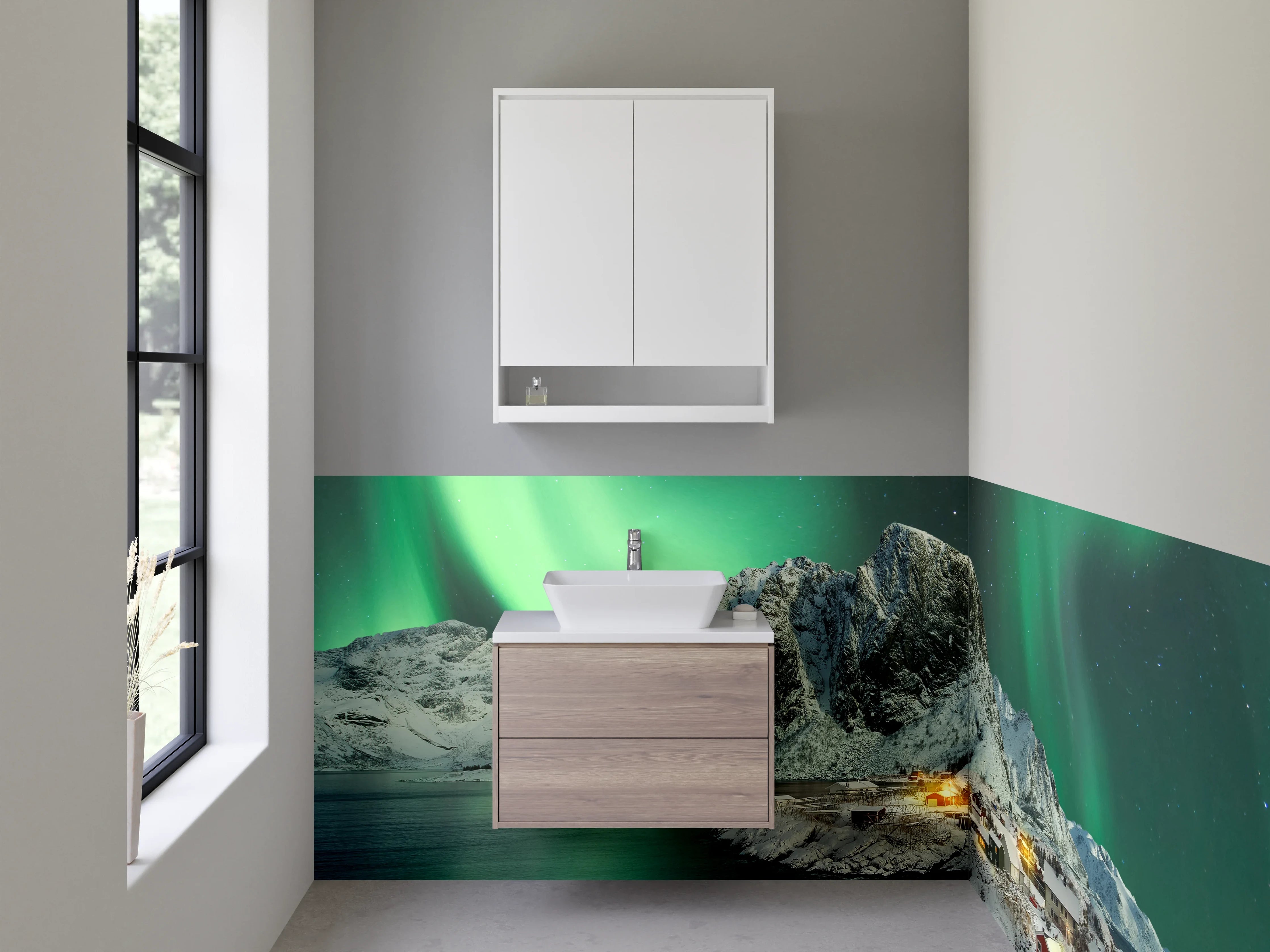 Waschbecken-Rückwand - Grauweißes Nordlicht über verschneiten Gipfeln